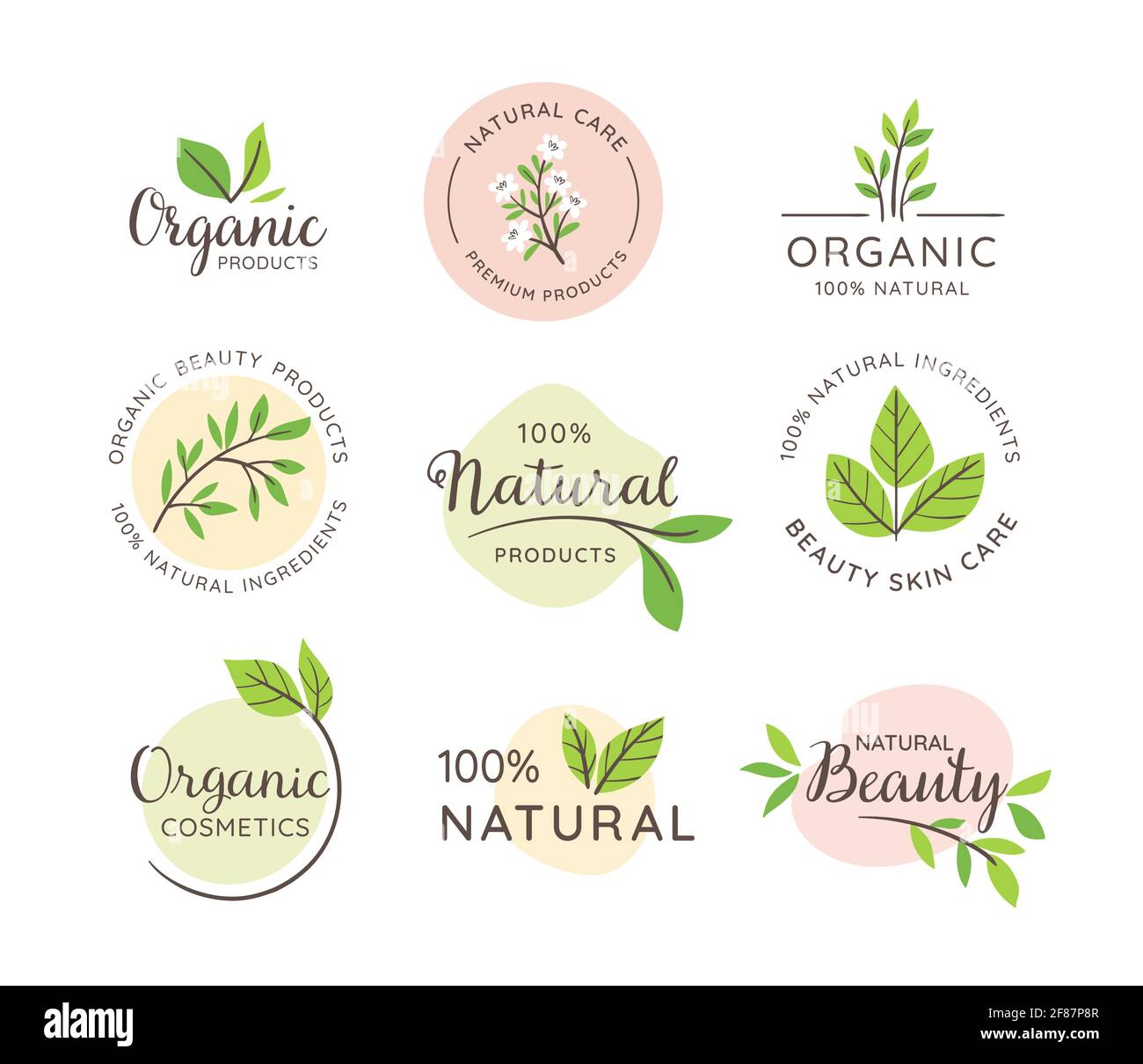 Organic and Natural label collection. Natural cosmetic emblems. Skin Care, organic beauty products. Vector illustration. Stock Vector