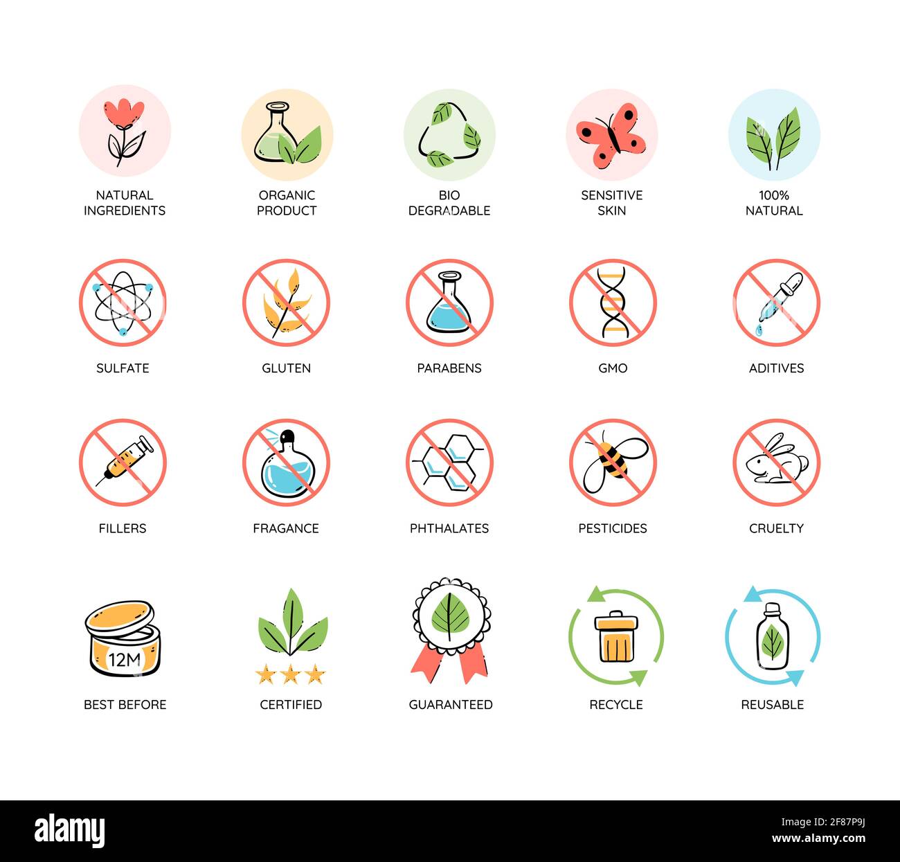 Natural and organic products icon set. Toxic free emblems. No animal tested, natural cosmetic icons. Recycle and reuse. Colorful vector illustration. Stock Vector