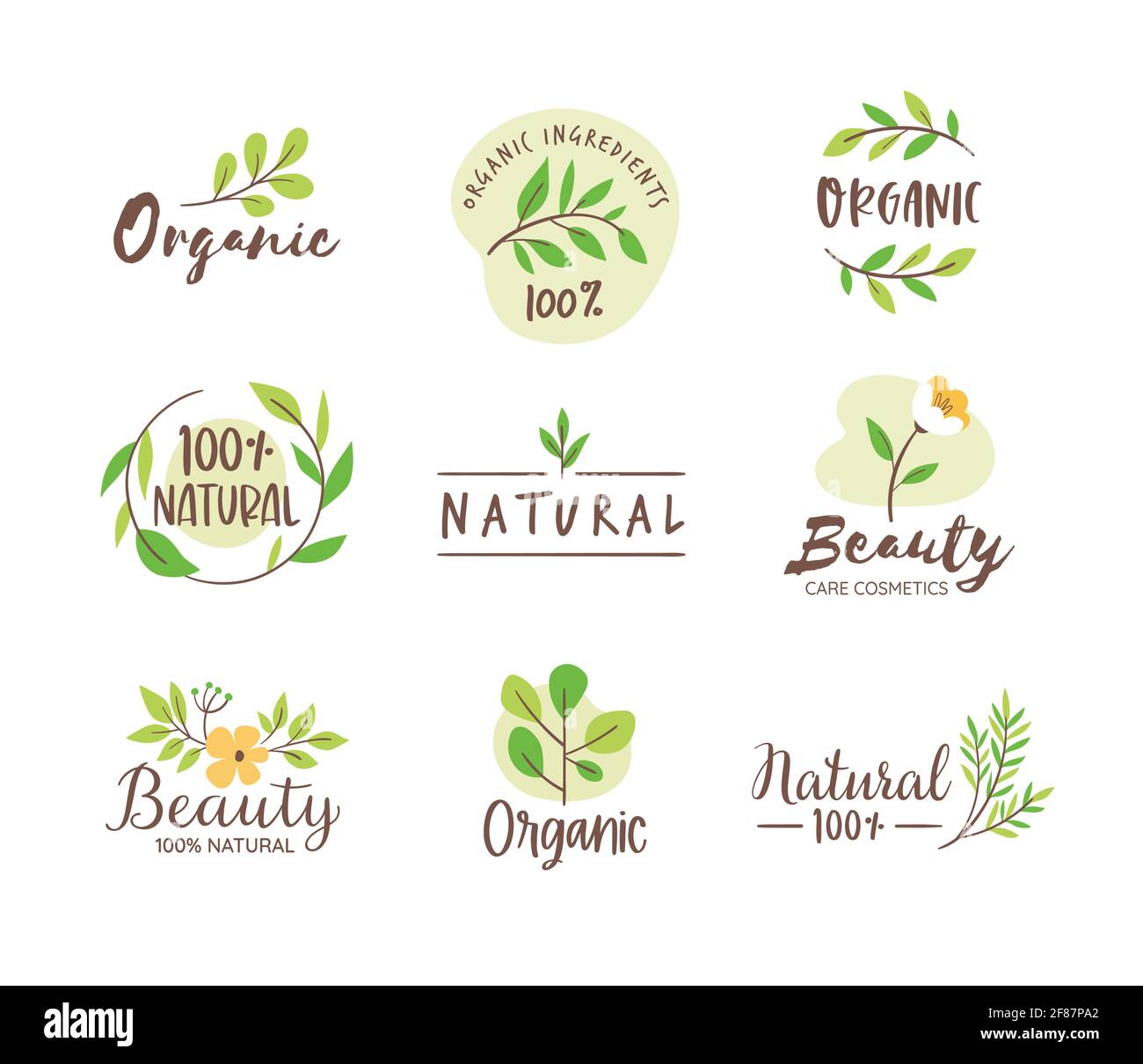 Organic and Natural logo collection. Hand drawn natural cosmetic emblems. Skin Care; organic beauty products. Vector illustration. Stock Vector
