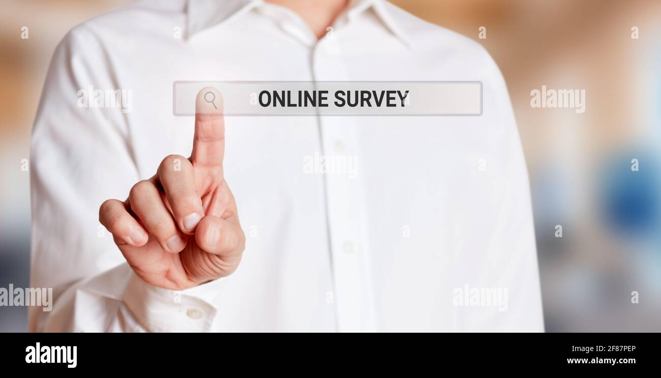Male hand touches an internet search bar on a virtual screen and searches the web for online support. Technical support assistance service concept. Stock Photo