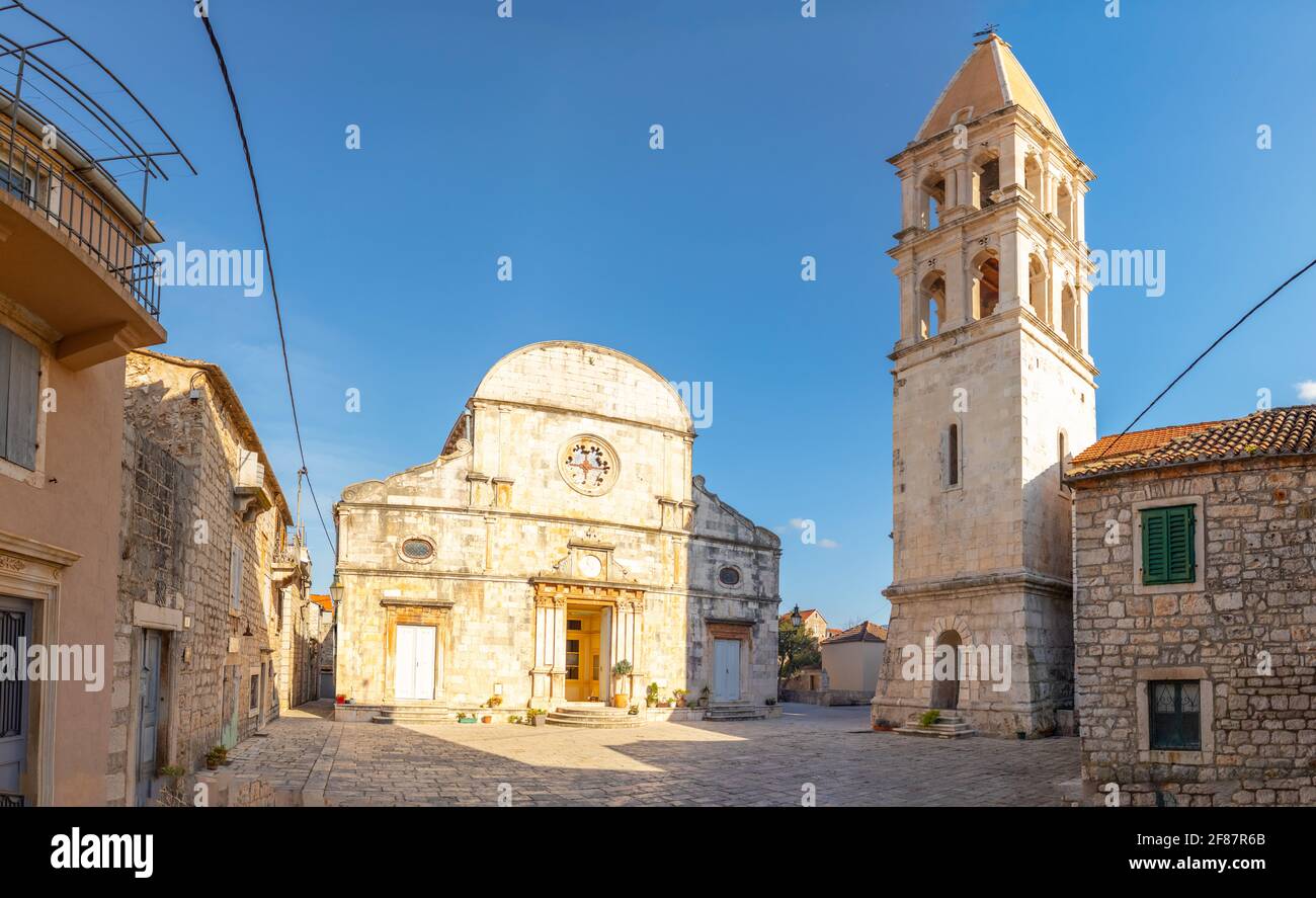 Marble Stone Architecture At City Center With Saint Stephan Church In Stari Grad Croatia Stock 