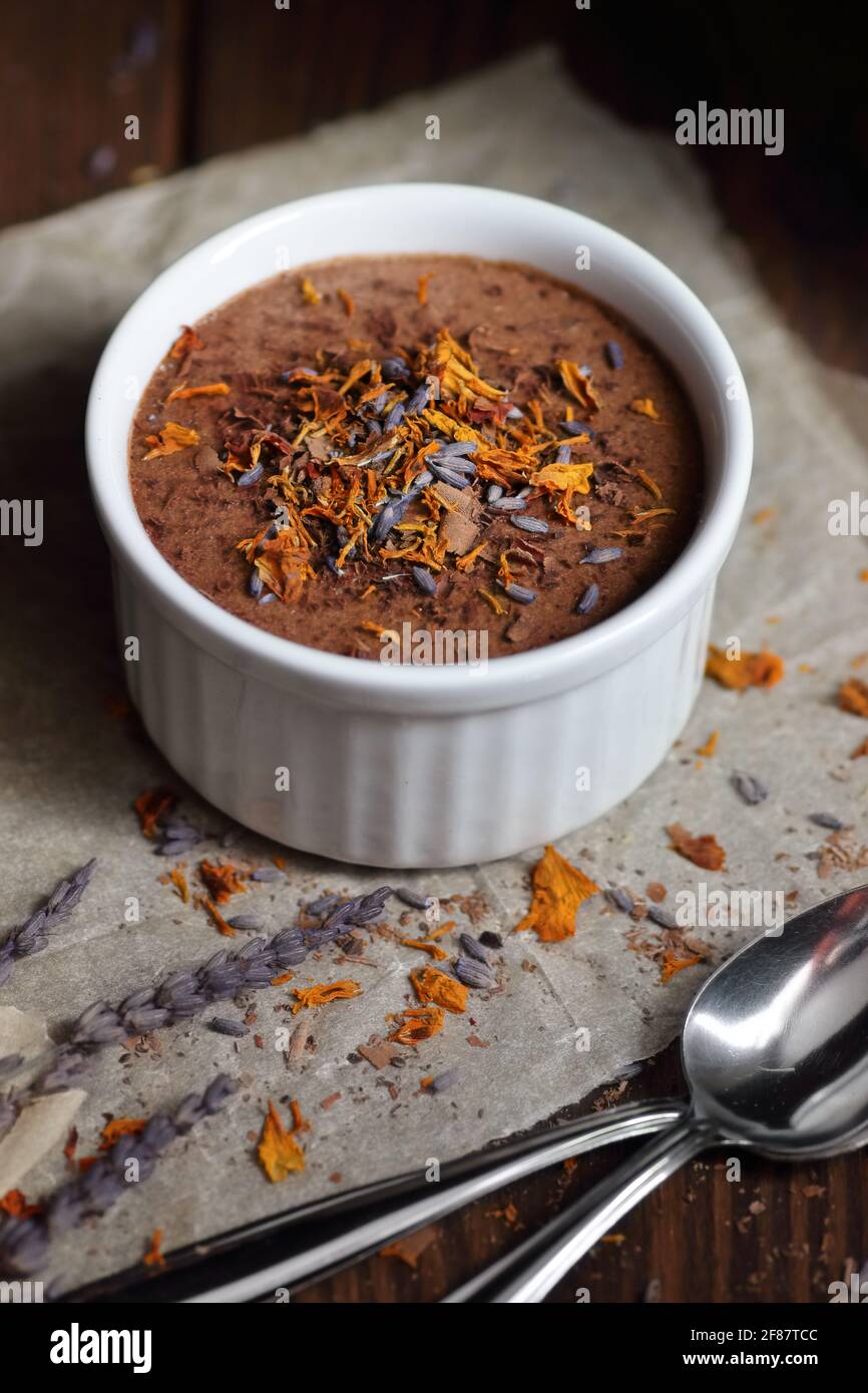 Chocolate Vegan Dessert Aquafaba Mousse Egg Free Non Dairy Cocoa Pudding Or Souffle Decorated With Lavender On Dark Moody Background Closeup Ve Stock Photo Alamy