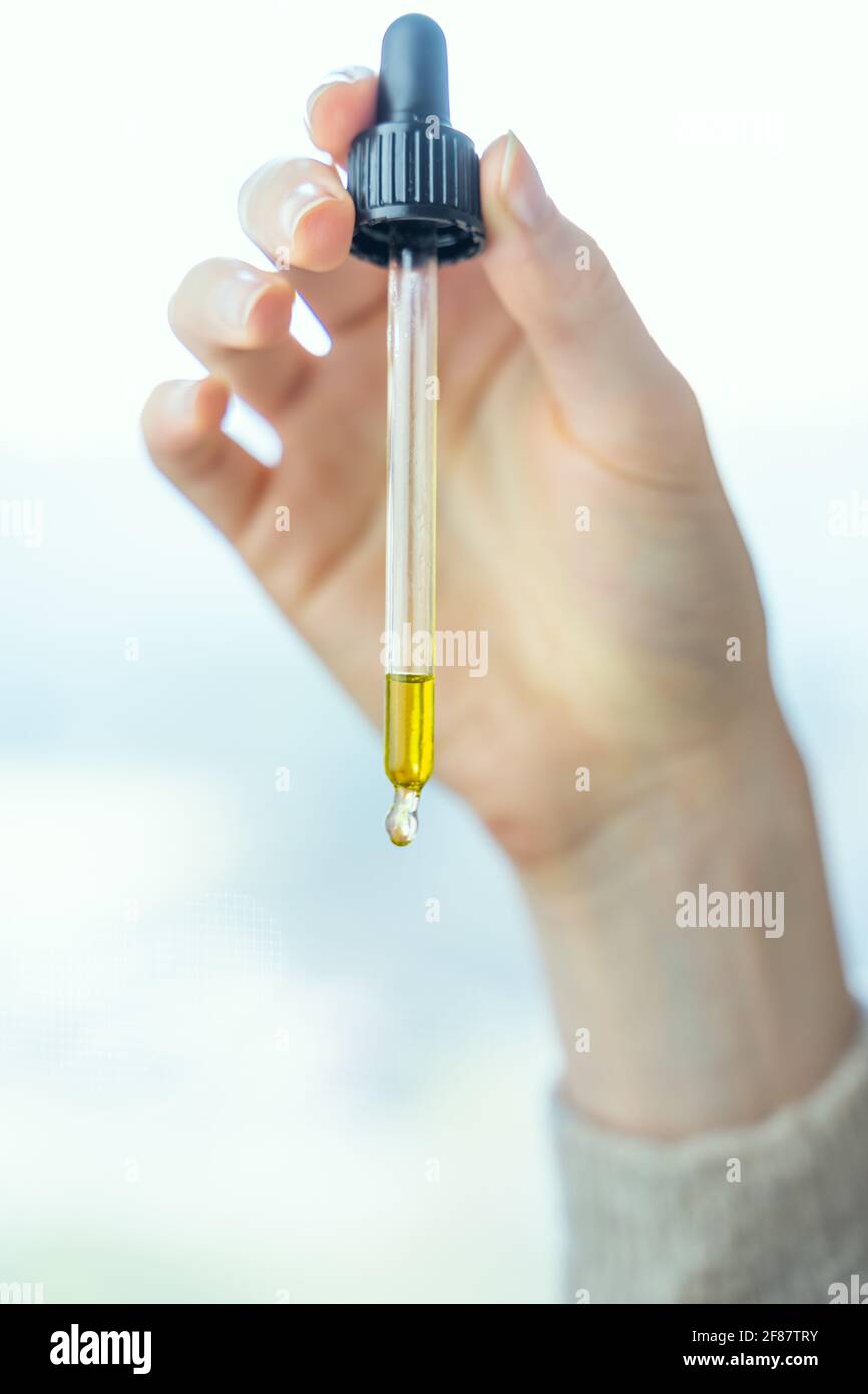 close up of droplet dosing a biological and ecological hemp plant herbal pharmaceutical cbd oil from a jar. Stock Photo