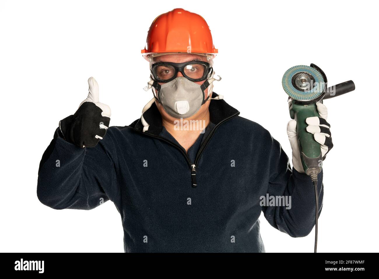 man with angle grinder and protective equipment on white background