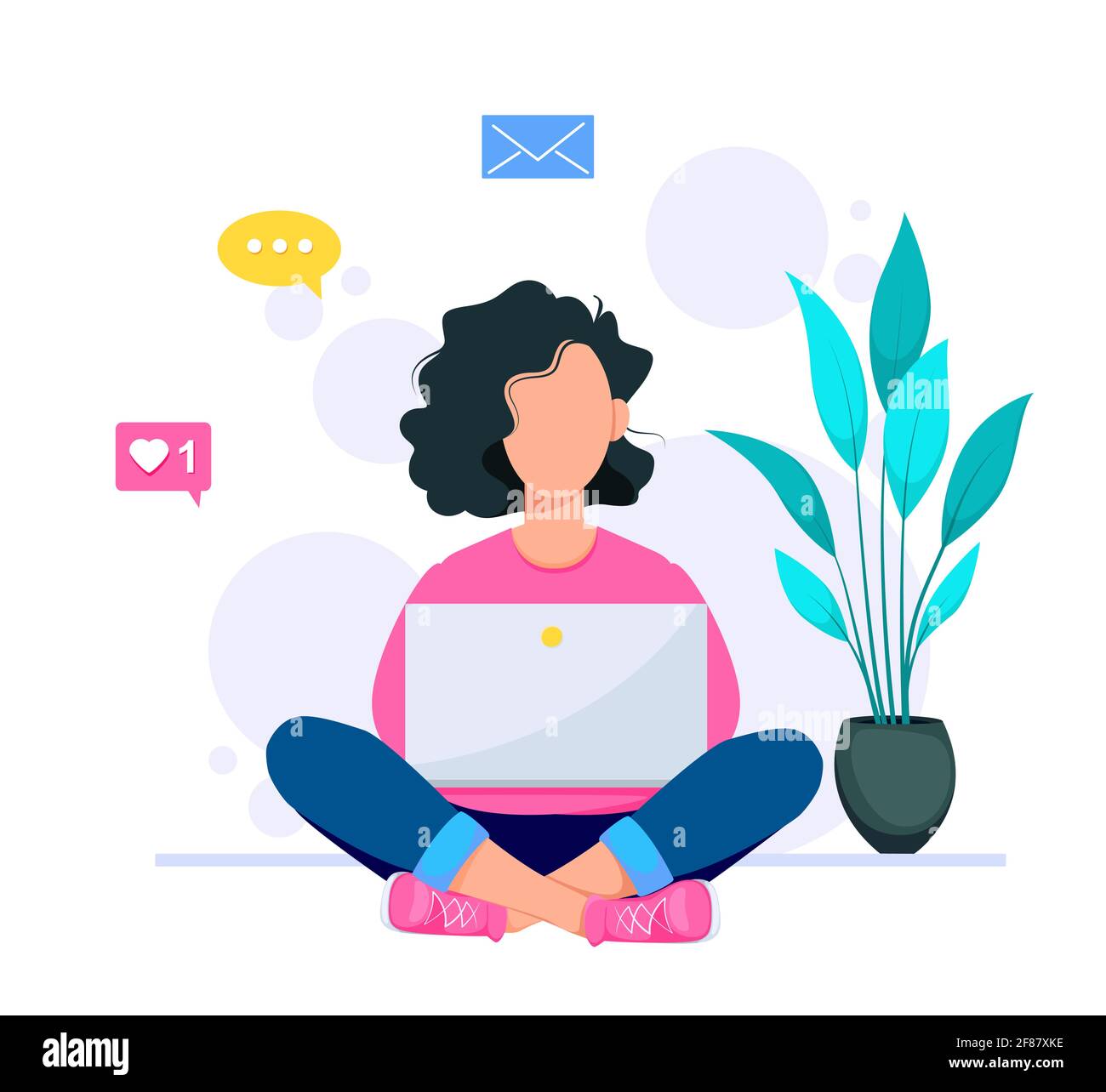 Happy young woman sitting on the floor with crossed legs and using her laptop. Freelancer or training concept. Stock vector Stock Vector