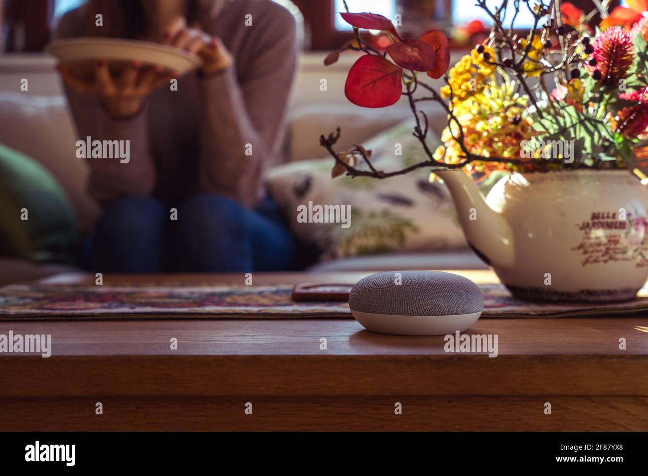 voice controlled smart speaker with a woman woman in the background in a interior home environment. Smart AI speaker concept Stock Photo
