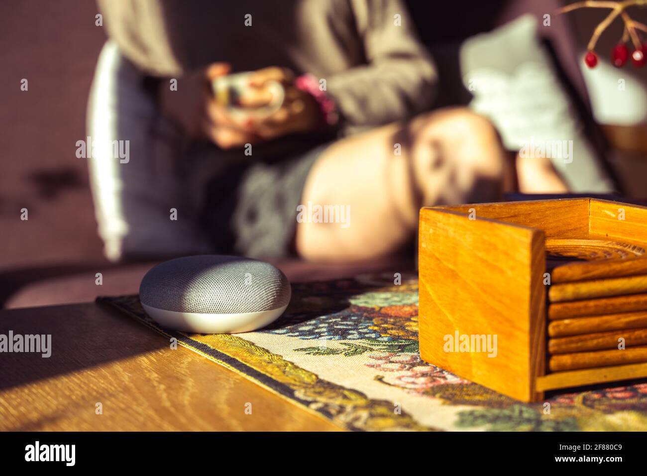 voice controlled smart speaker with a woman woman in the background in a interior home environment. Smart AI speaker concept Stock Photo