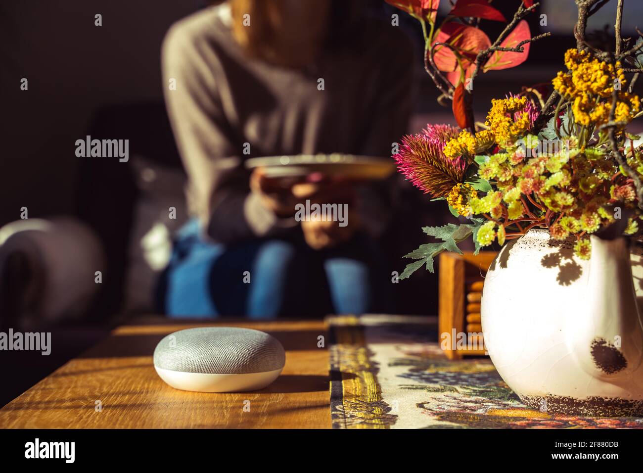 voice controlled smart speaker with a woman woman in the background in a interior home environment. Smart AI speaker concept Stock Photo