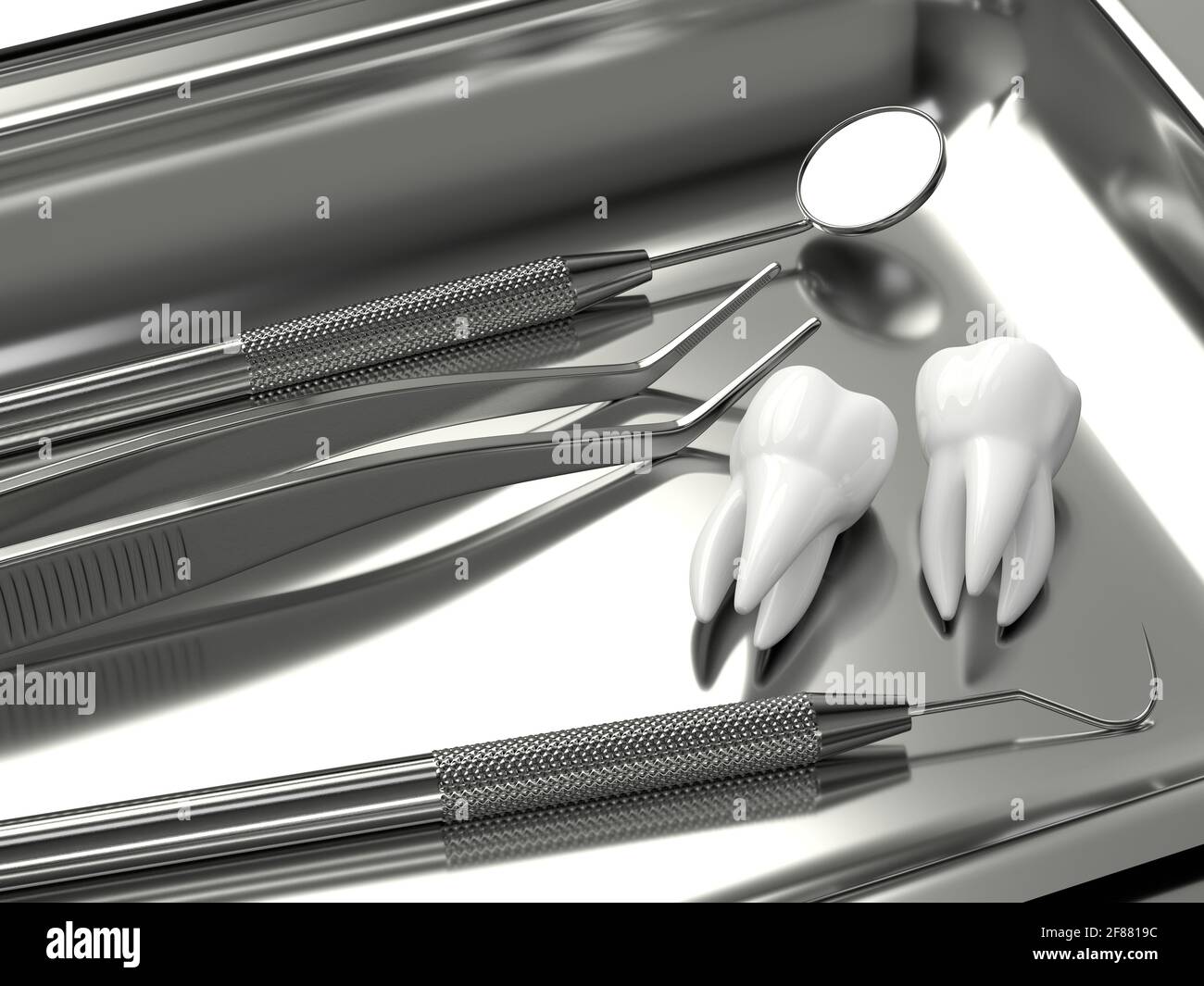 3d render of dental diagnostic instruments lying on dental tray Stock