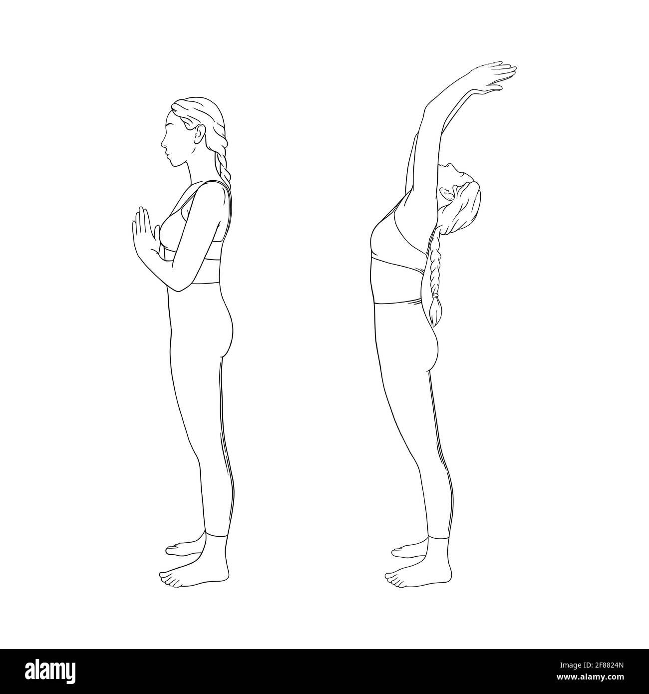 Sun salutating zen yogi woman. Hatha yoga back bend pose. Engraved vector illustration in white background Stock Vector