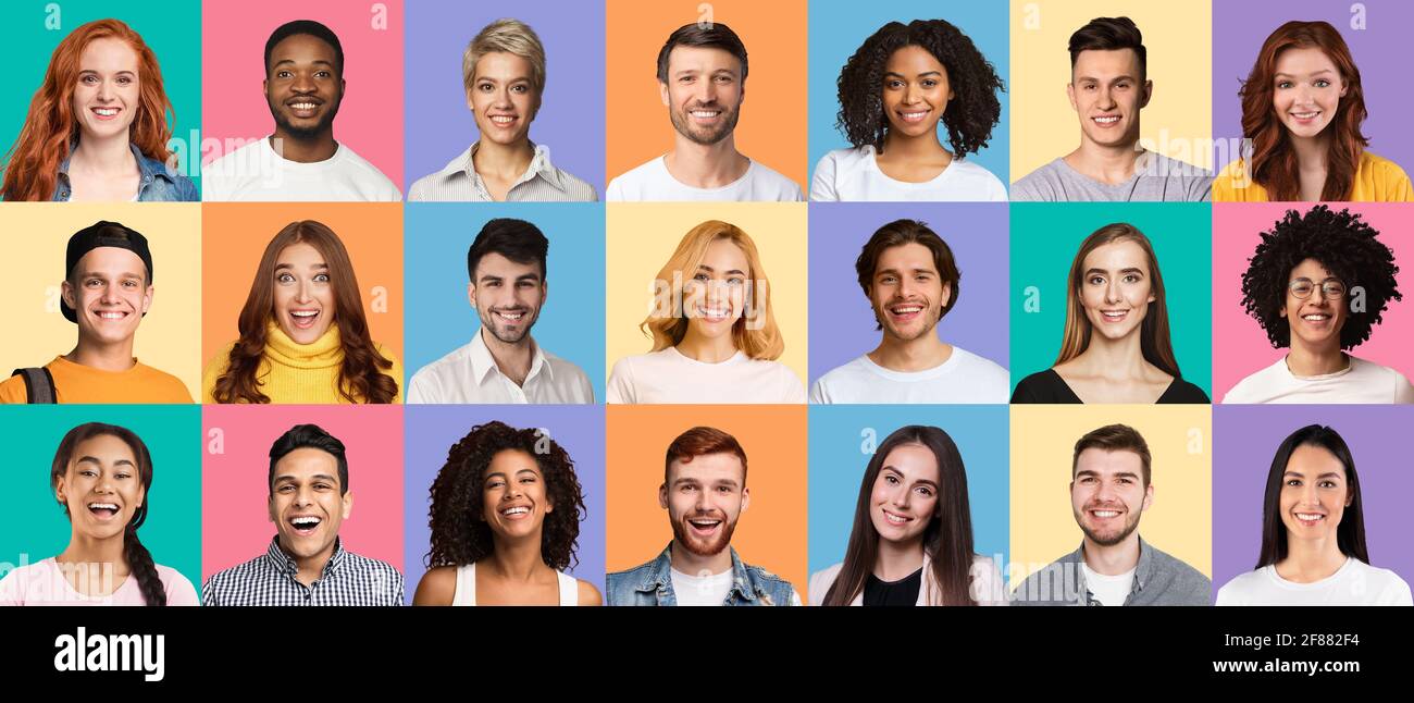 Collage of young people expressing positive emotions Stock Photo