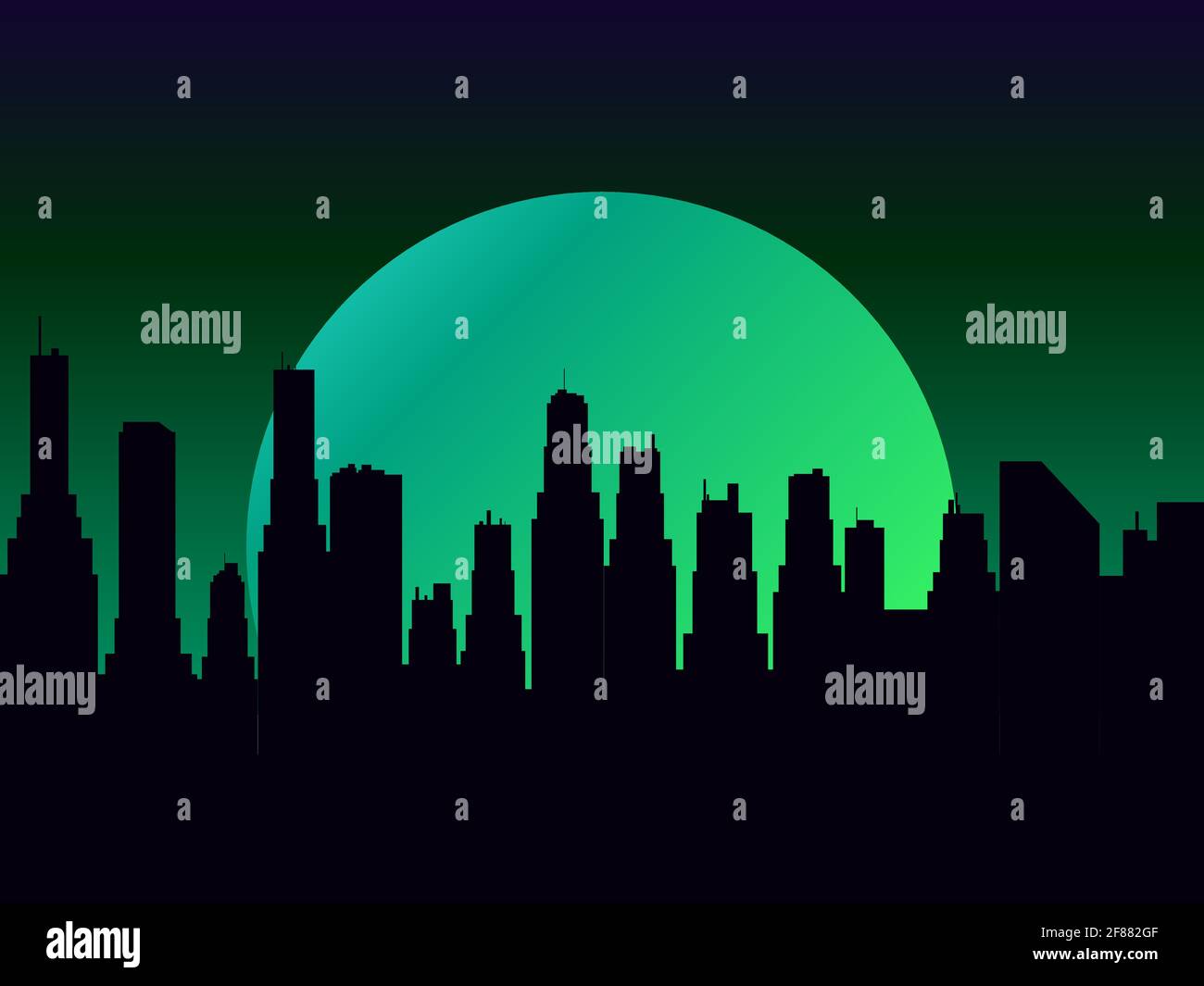 Night cityscape with skyscrapers and a full moon. Mystical moon green color night city view in flat style. Outline of skyscrapers, panorama of the cit Stock Vector