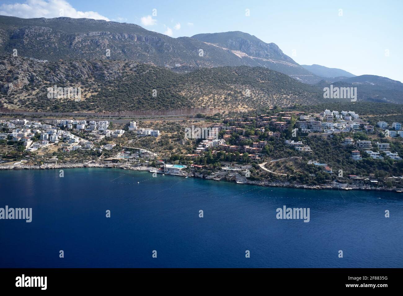 Aerial panoramic view of coastal town and mountains Stock Photo - Alamy