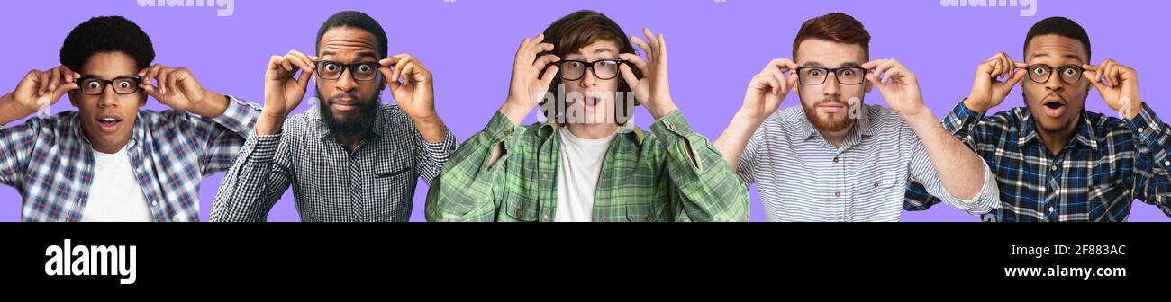 Surprised young men expressing amazement wearing specs Stock Photo