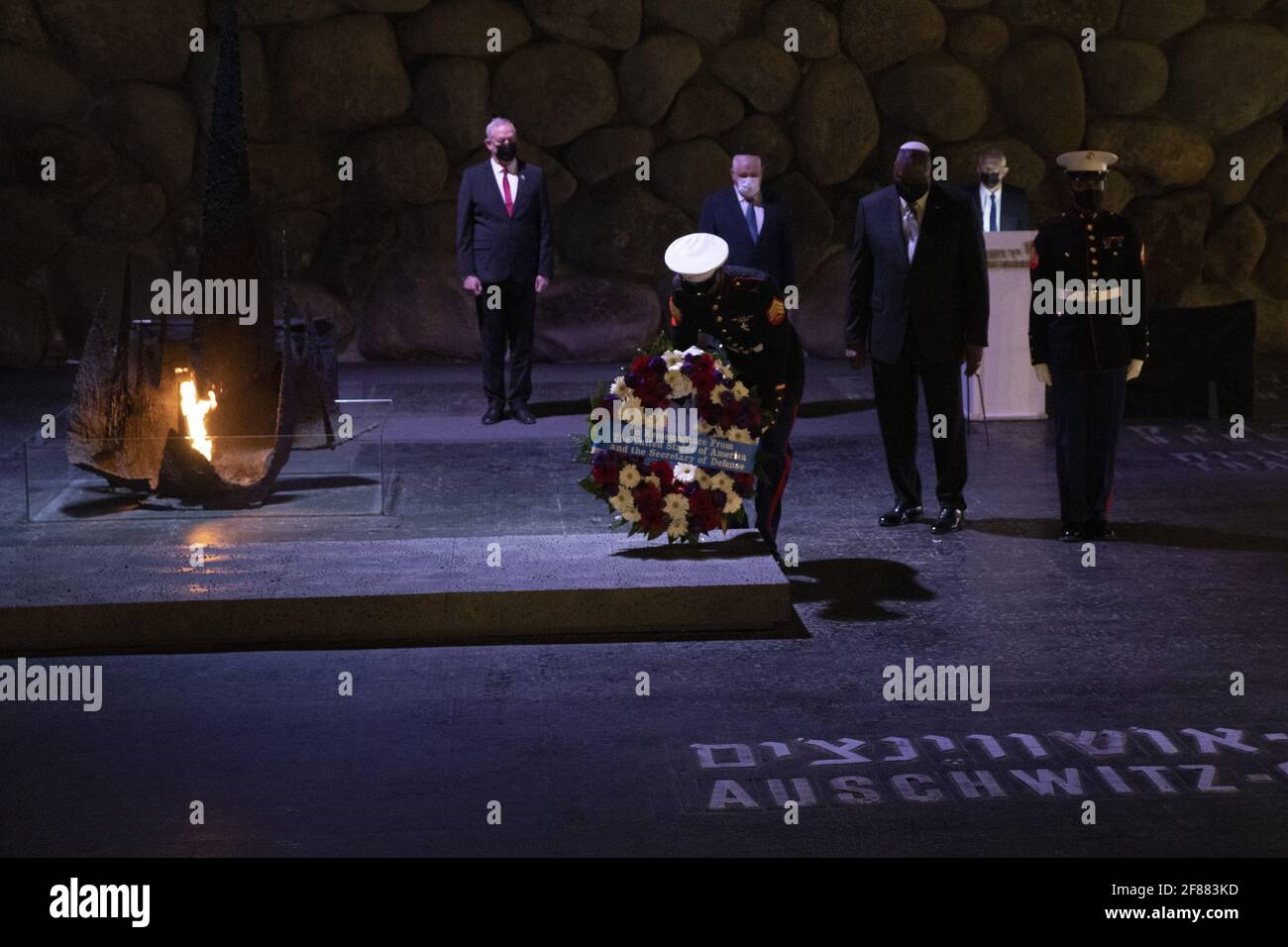 Jerusalem, Israel. 12th Apr, 2021. U.S. Secretary of Defense General Lloyd Austin with U.S. Marines during a memorial ceremony in the Hall of Remembrance during his visit to Yad Vashem on Monday, April 12, 2021. Pool Photo by Heidi Levine/UPI Credit: UPI/Alamy Live News Stock Photo