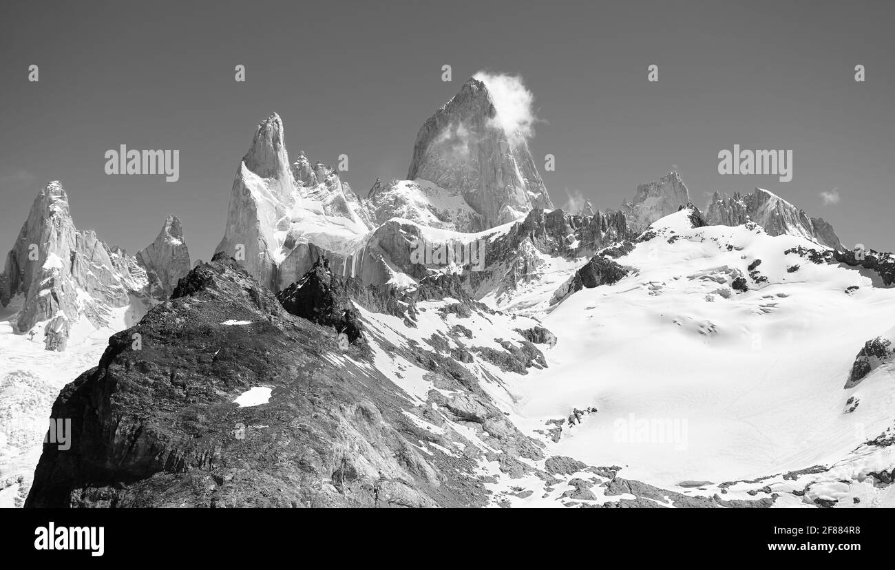 Black and white picture of Fitz Roy mountain, Patagonia. Stock Photo