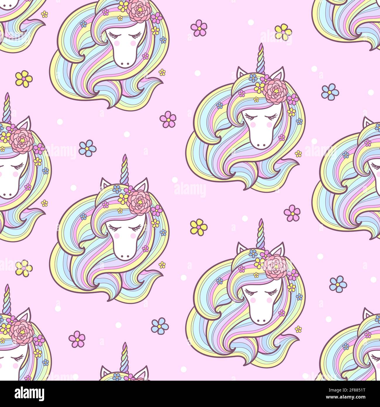 Seamless pattern with a unicorn with a long mane on a pink background. Vector Stock Vector