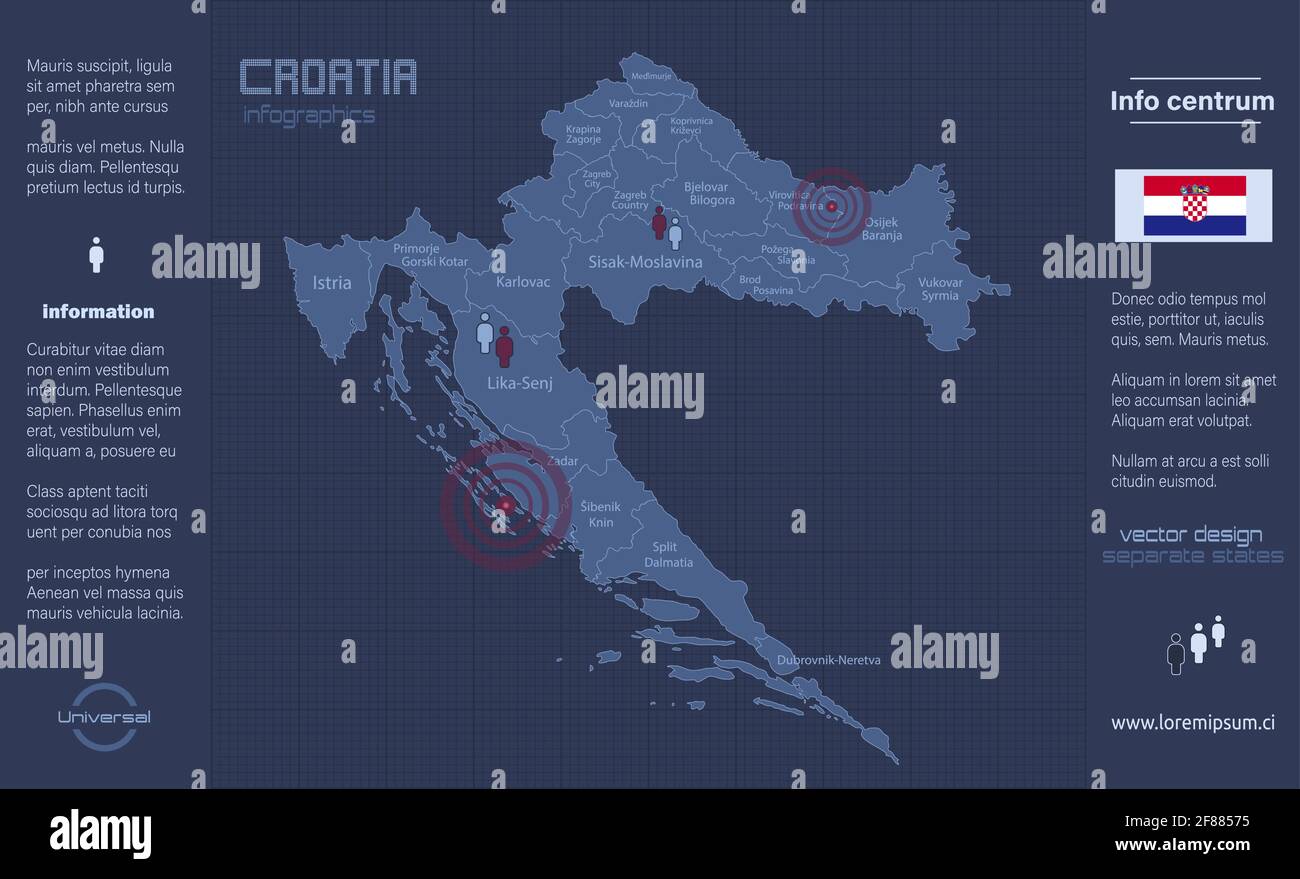 Croatia map, separate regions with names, infographics blue flat design vector Stock Vector