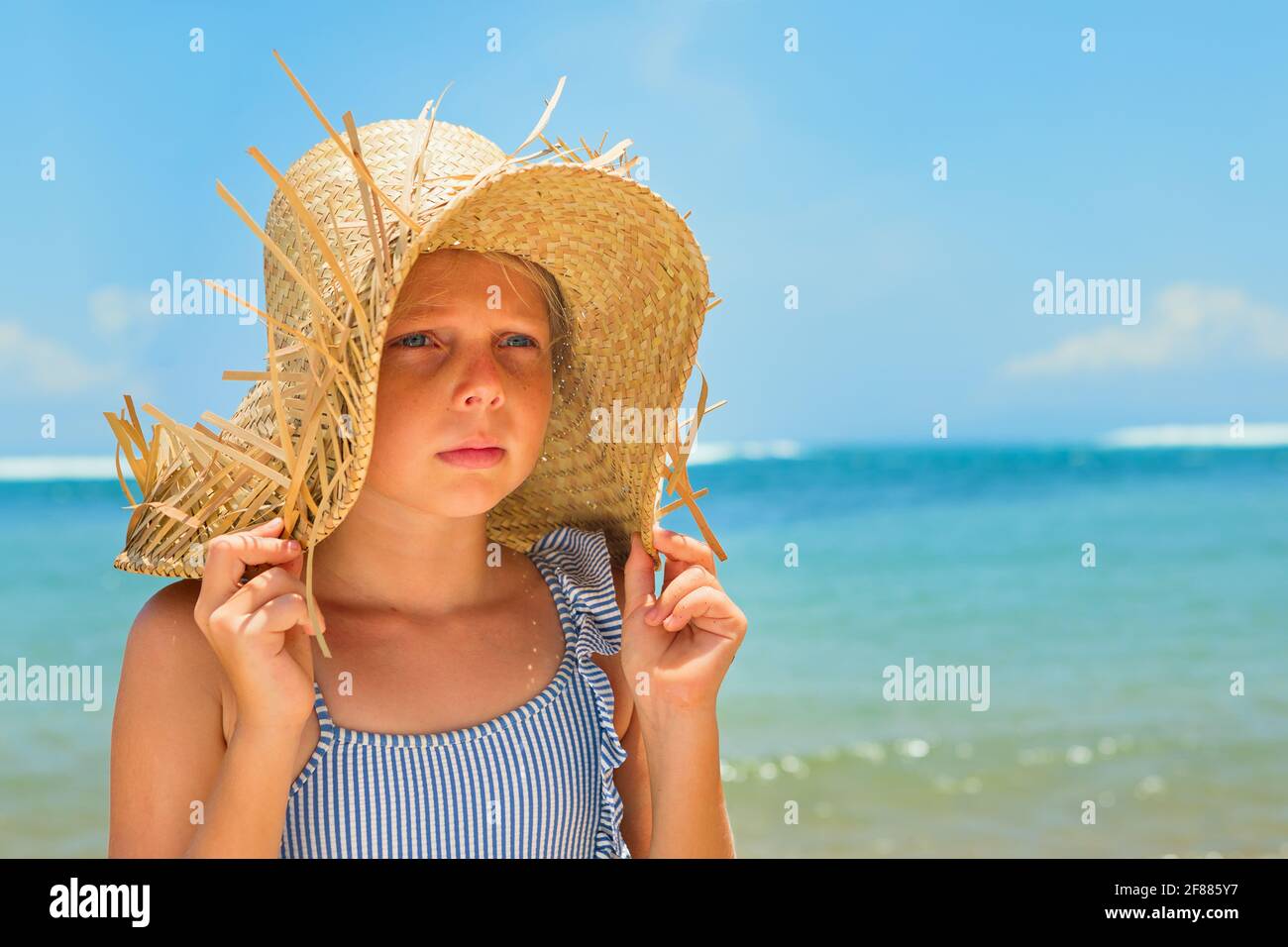 Young Positive Girl In Straw Hat Have Fun At Tropical Beach Travel 