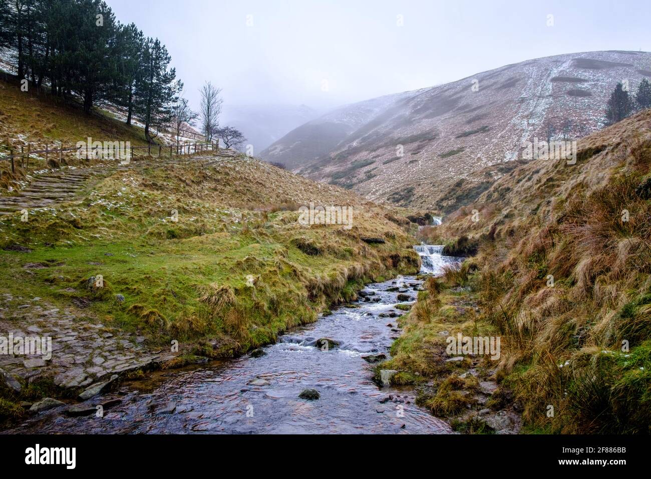 The River Noe and the start of Jacob's Ladder at the foot of Kinder Scout on a typically wet cold day in winter, Vale of Edale, Derbyshire, England UK Stock Photo