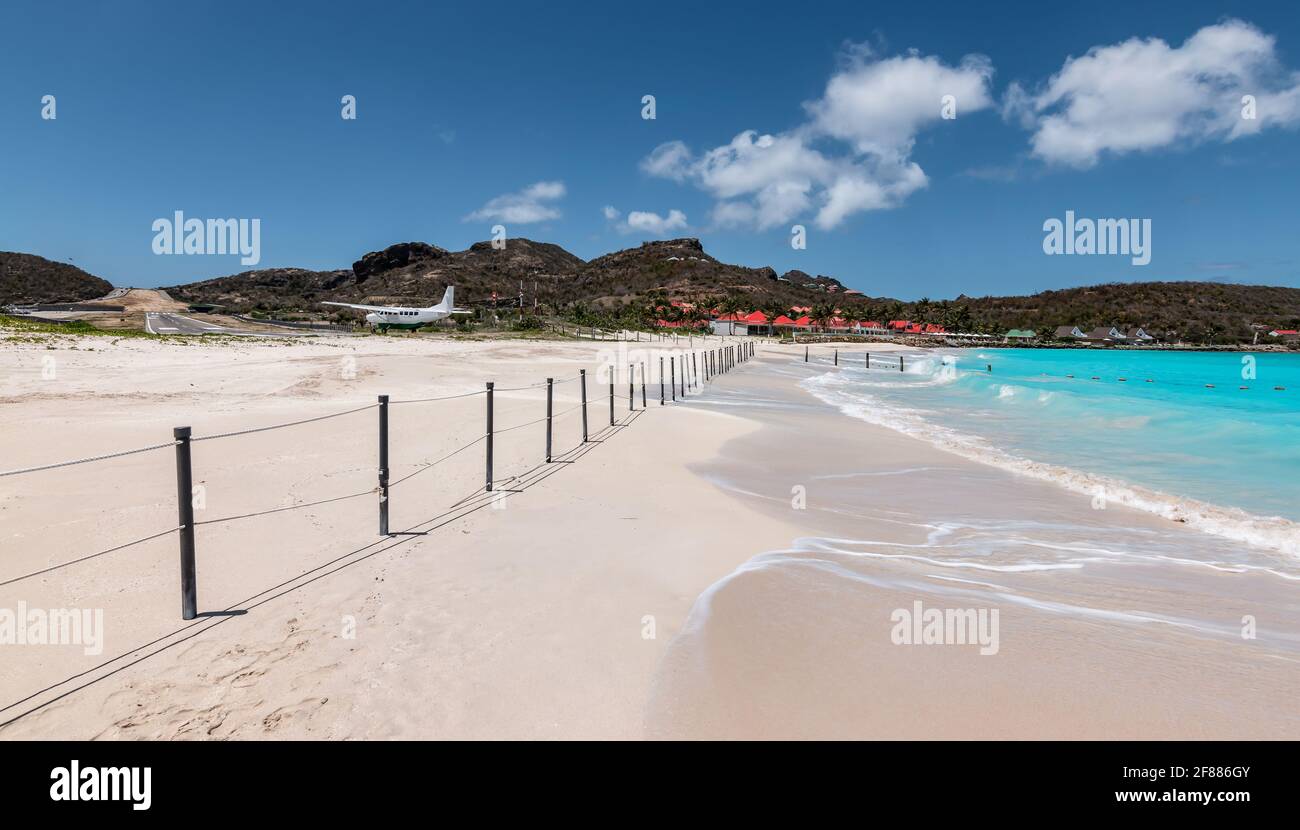 St Barthelemy beach at runway. Stock Photo