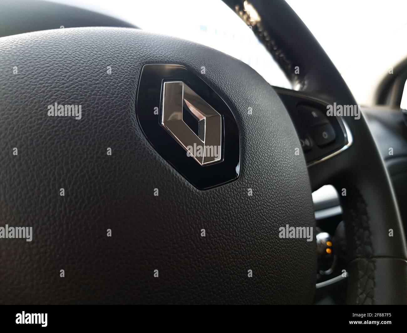 Grodno, Belarus-04.11.2021: Close-up of the steering wheel of a Renault car Stock Photo