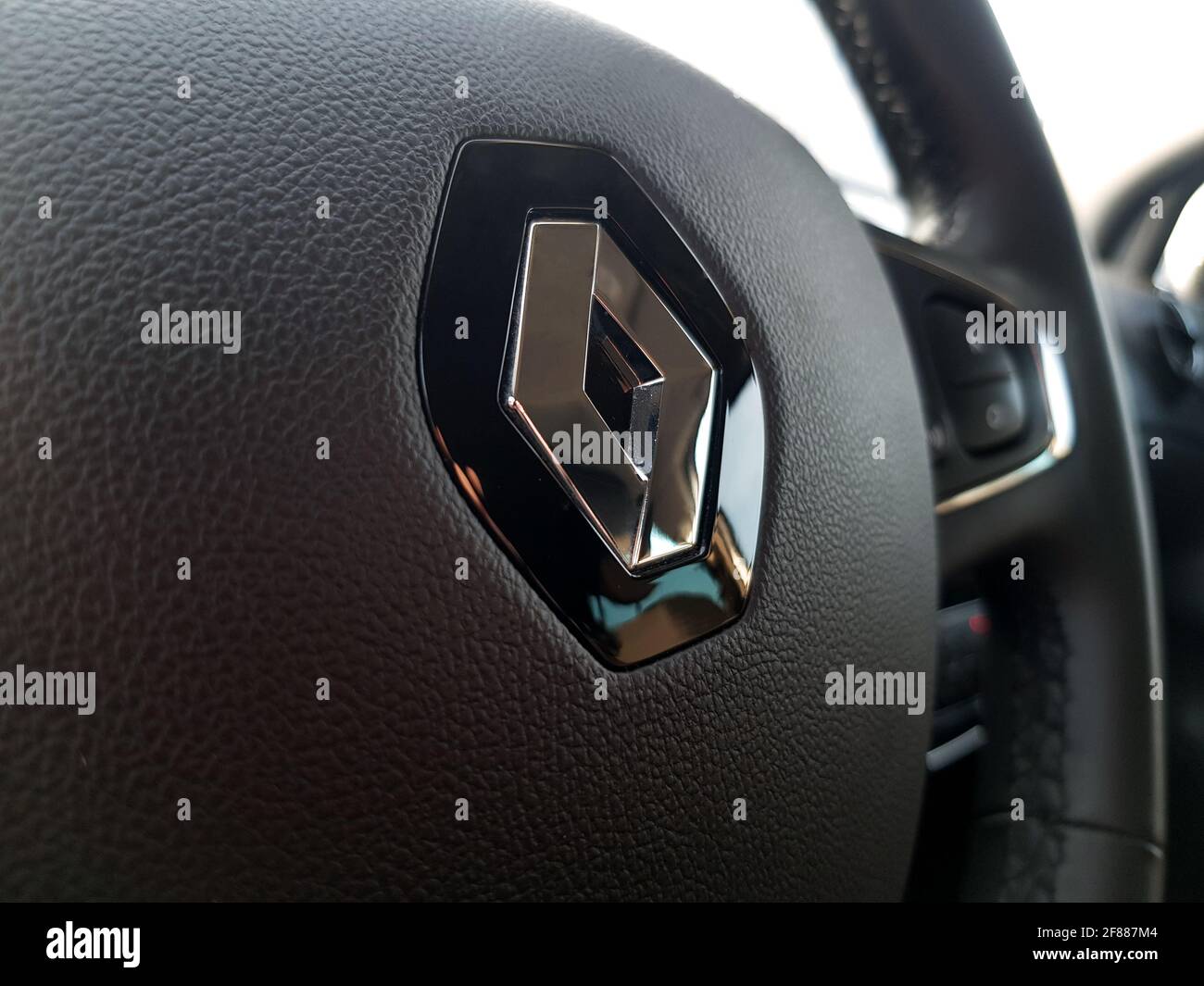 Grodno, Belarus-04.11.2021: Close-up of the steering wheel of a Renault car Stock Photo