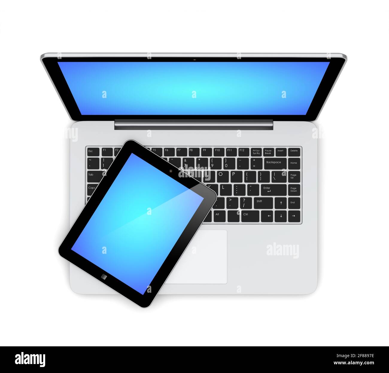 Laptop and tablet pc computer with a blue screen. Technology 3d concept Stock Photo