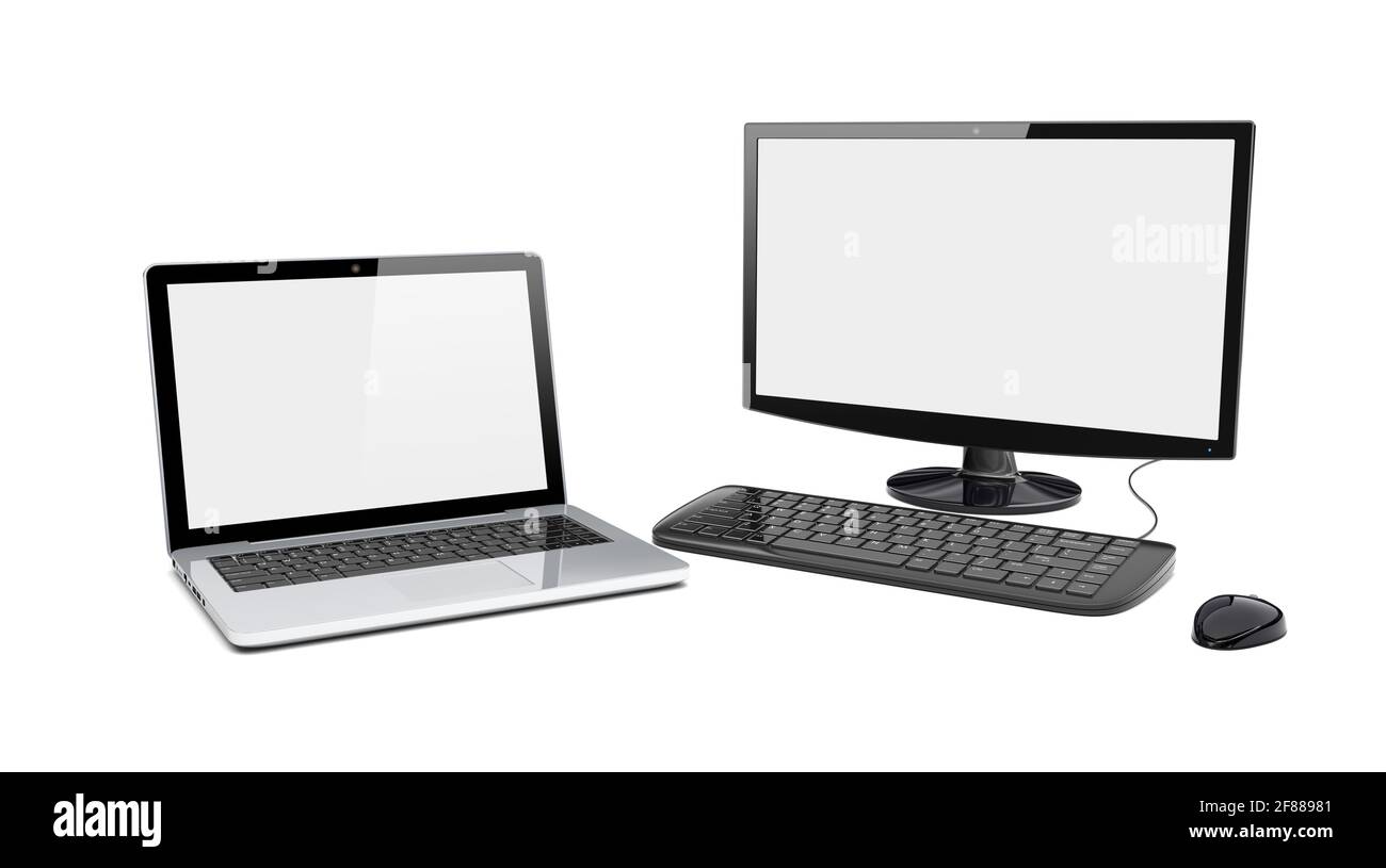 Black desktop pc computer with large wide monitor and laptop with a blank screen. Isolated on a white. 3d image Stock Photo