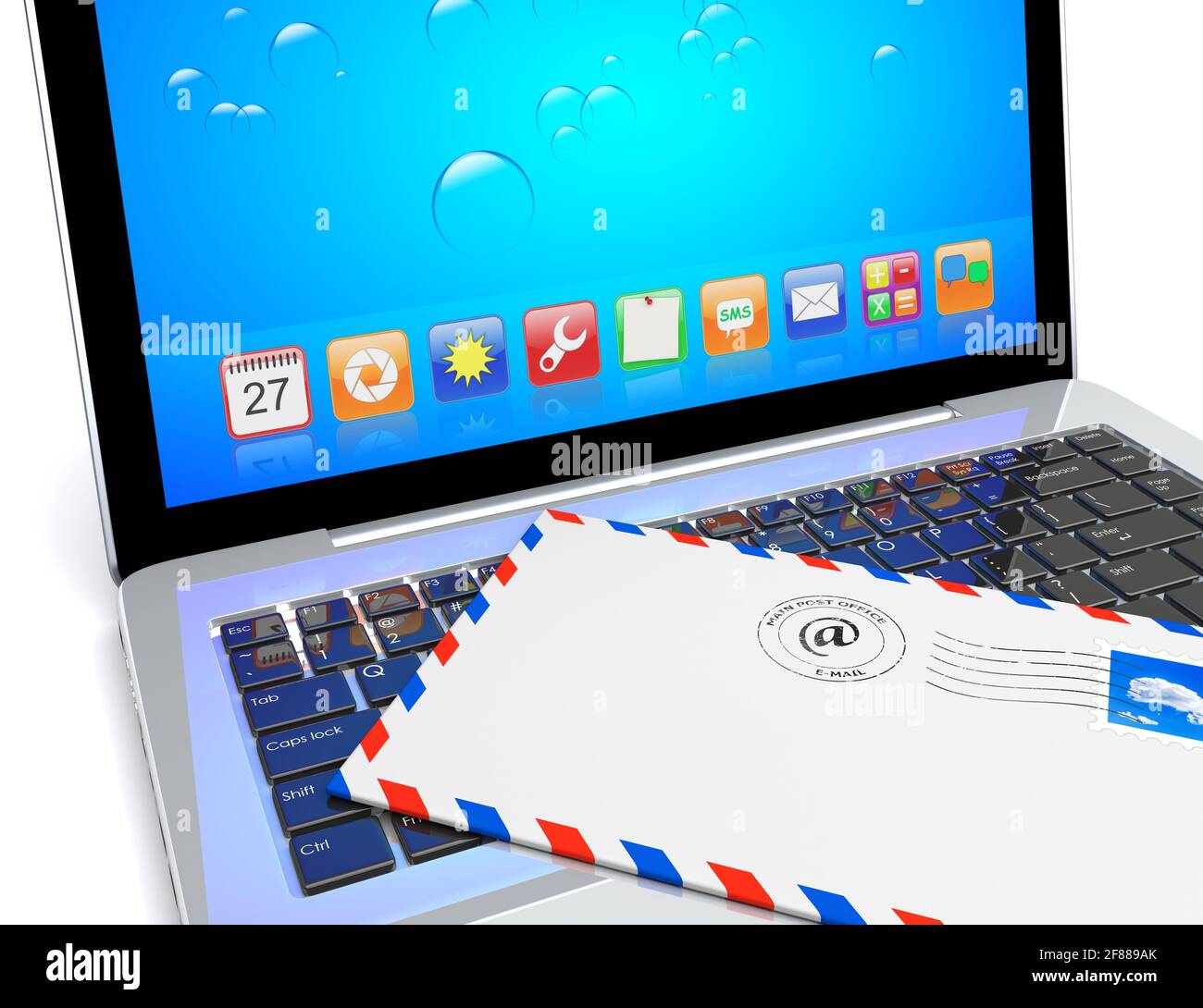 E-mail concept. Envelope letter inbox lying on laptop keyboard Stock Photo