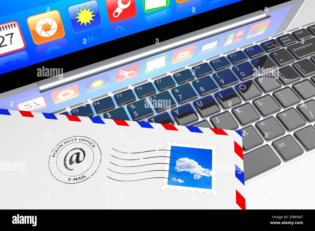 E-mail concept. Envelope letter inbox lying on laptop keyboard Stock Photo