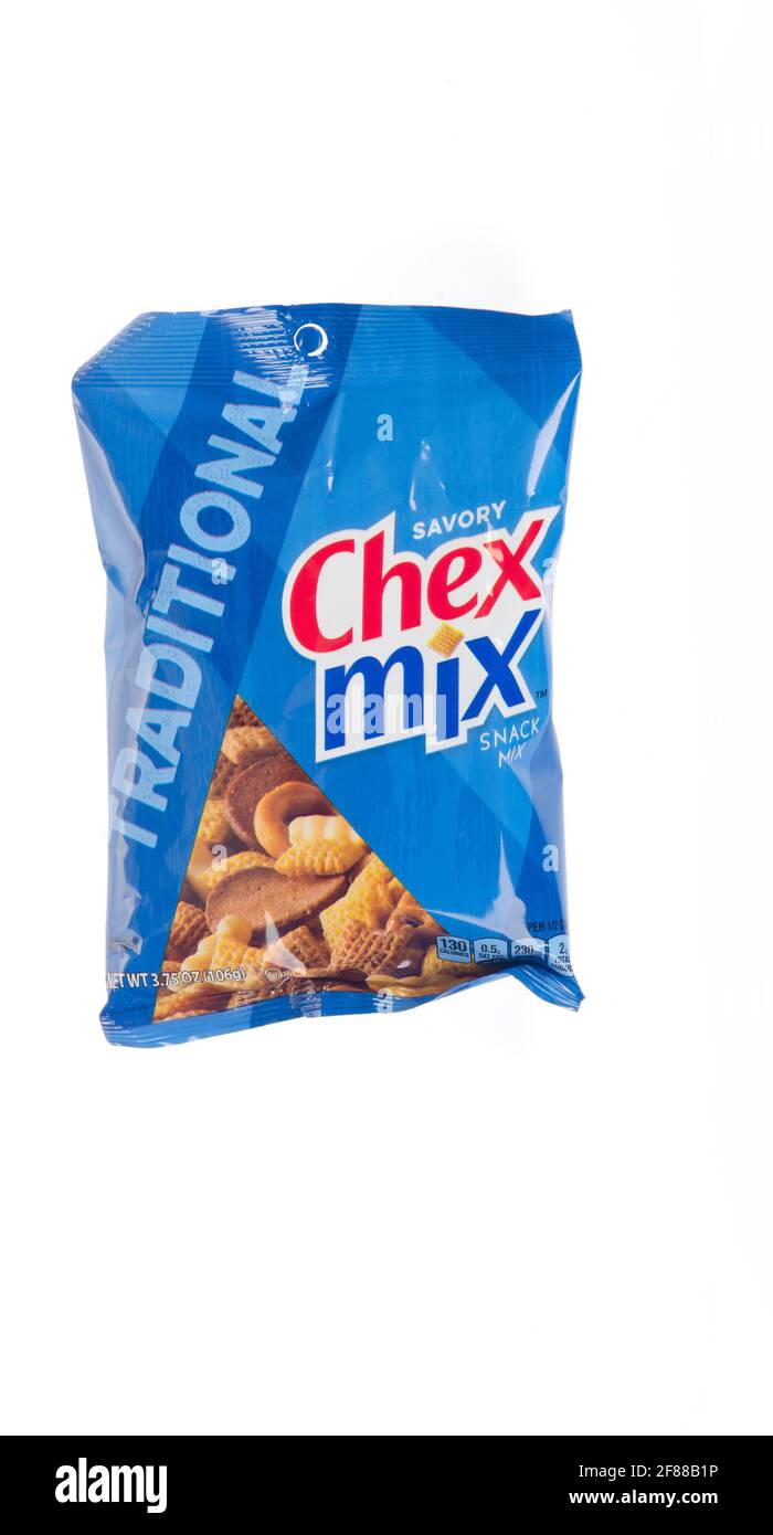 Chex Traditional Snack Mix Bag by General Mills on white Stock Photo