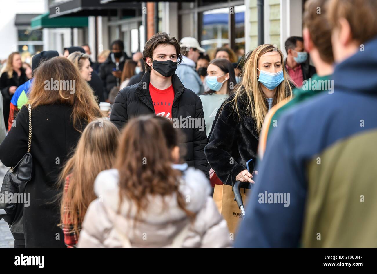 Cannock, Staffordshire, UK. 12th Apr, 2021. Crowds of shoppers at the McArthurGlen Designer Outlet in Cannock, Staffordshire, West Midlands, as non-essential shops reopen for the first time after lockdown. Picture by Credit: Simon Hadley/Alamy Live News Stock Photo