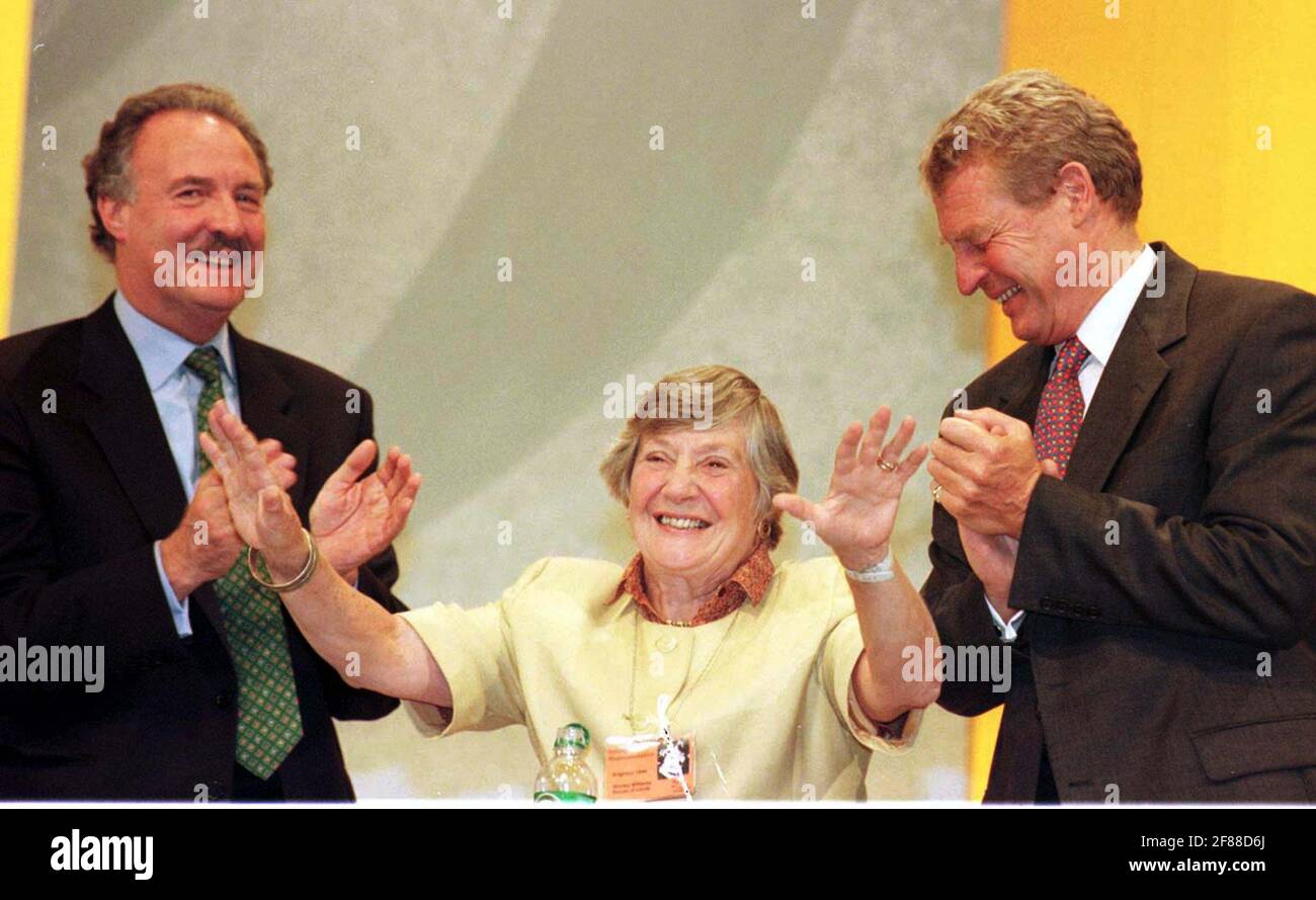 File photo dated 26/09/96 of Paddy Ashdown (right) and Lord Holme congratulating Shirley Williams on her speech at the Liberal Democrats Conference in Brighton. The former cabinet minister and Liberal Democrat peer, Baroness Williams of Crosby, has died aged 90, the Liberal Democrats have said. Issue date: Monday April 12, 2021. Stock Photo