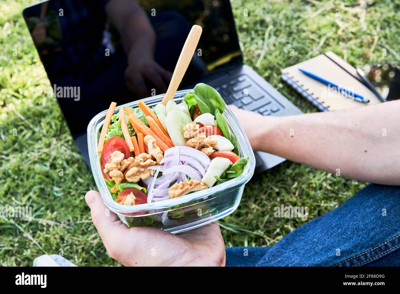 Close up, unrecognizable young man sitting in the grass eating a fresh salad while working or studying on his laptop. Concepts of working outdoors and Stock Photo