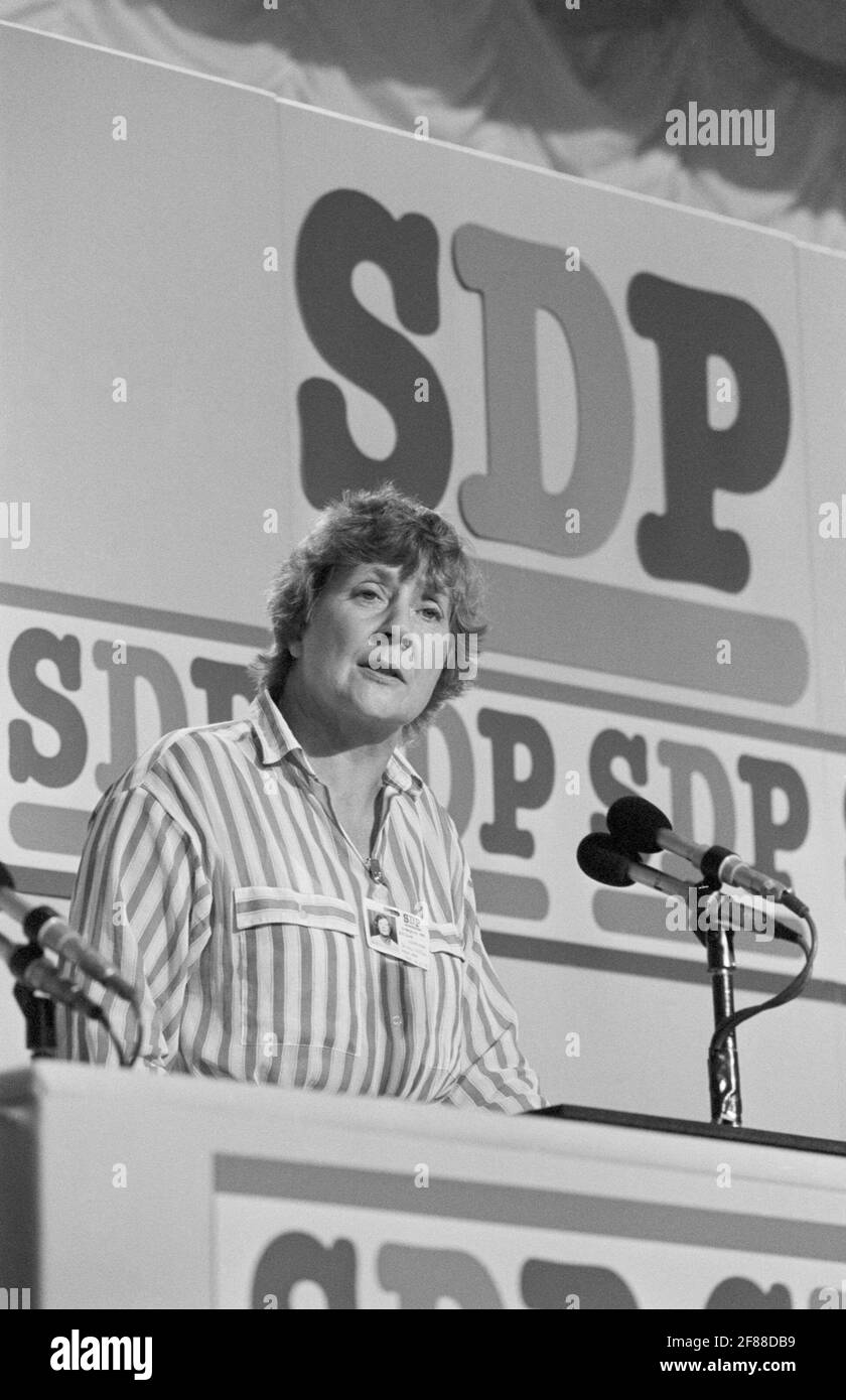File photo dated 10/09/85 of Social Democratic Party President Shirley Williams speaking at the SDP conference when she sought to dispel the party's anti-trade union image. The former cabinet minister and Liberal Democrat peer, Baroness Williams of Crosby, has died aged 90, the Liberal Democrats have said. Issue date: Monday April 12, 2021. Stock Photo