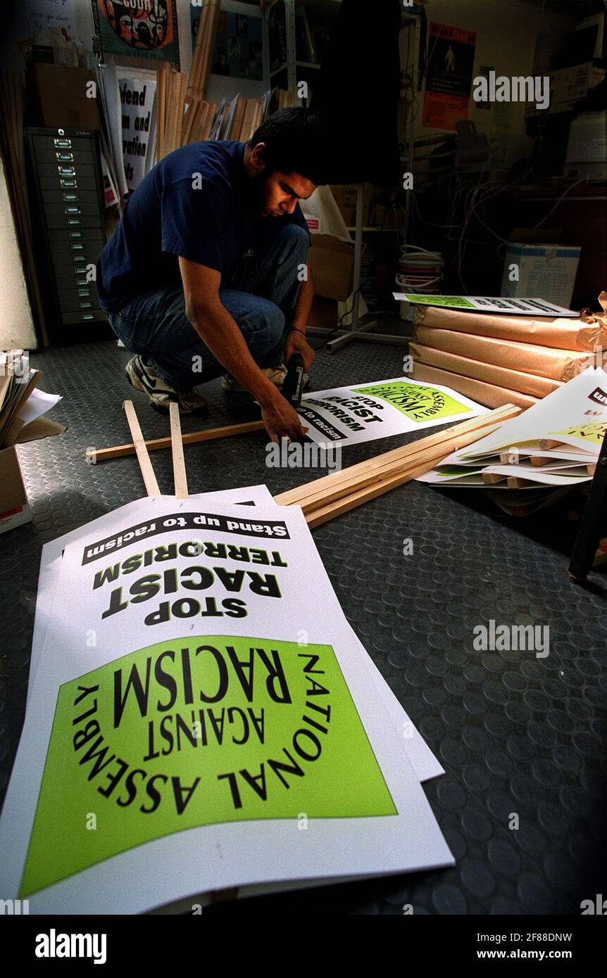 Banners being assembled at the National Assembly Against Racism H.Q, in preparation for the demonstration organised to march from Brixton to Trafalgar Square tomorrow. Stock Photo