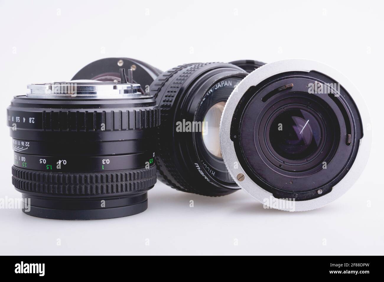 Bilbao, Spain - April 30, 2010: Illustrative editorial photography of a group of old Rikenon lenses from Ricoh and other brands for photo cameras. Tot Stock Photo