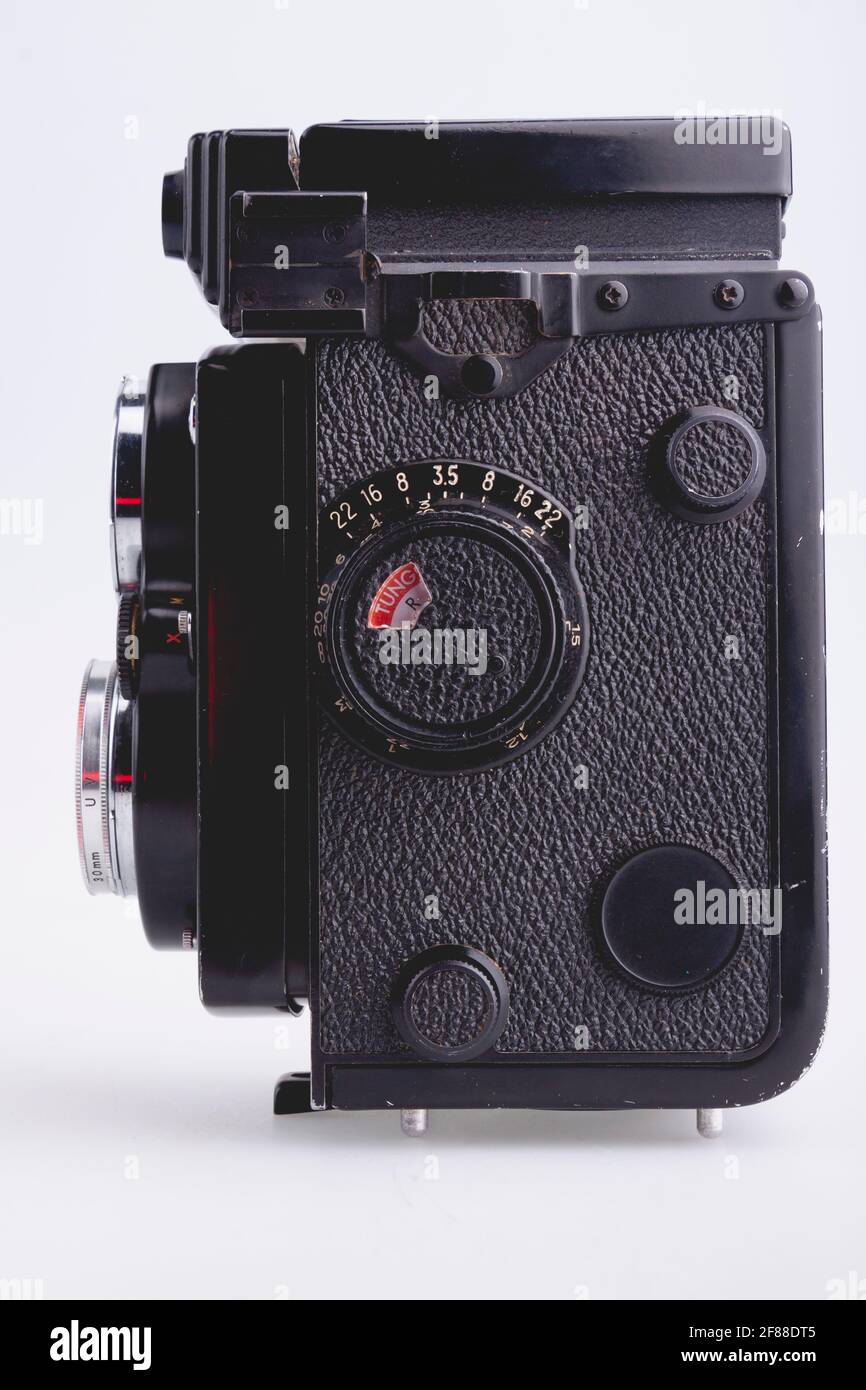 Bilbao, Spain - April 30, 2010: Illustrative editorial photography of a Yashica photo camera, Mat 124g model. An old vintage Japanese TLR type camera Stock Photo