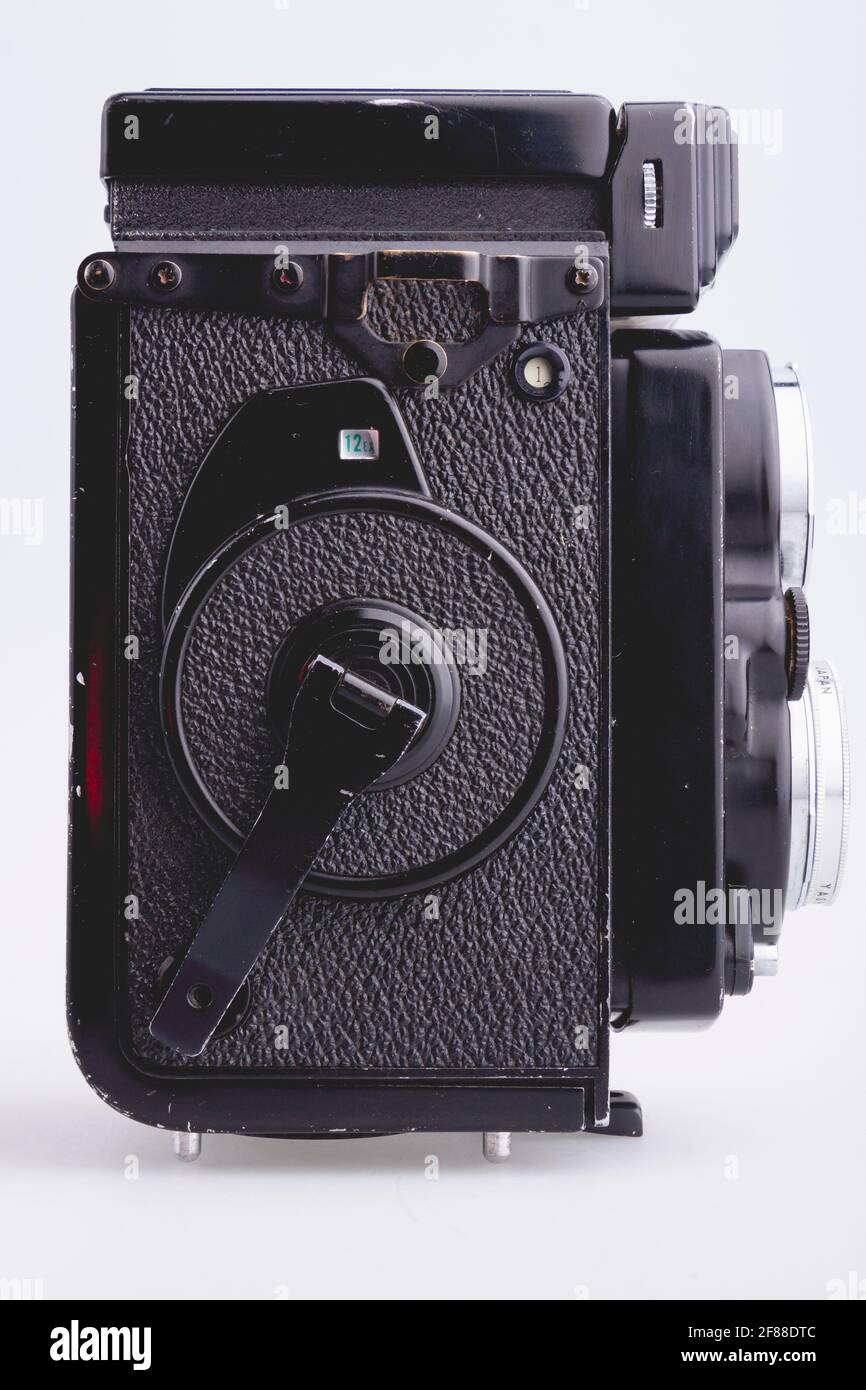 Bilbao, Spain - April 30, 2010: Illustrative editorial photography of a Yashica photo camera, Mat 124g model. An old vintage Japanese TLR type camera Stock Photo