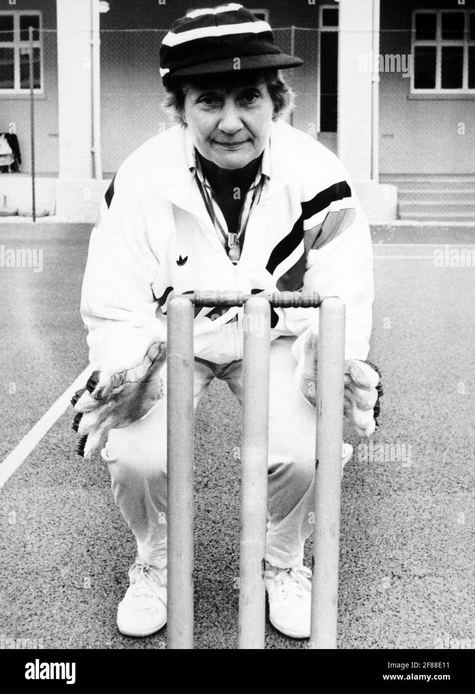 File photo dated 1009/85 of former SDP President Mrs Shirley Williams behind the stumps as SDP members took a break from the conference in Torquay to practice for a cricket match against the young Social Democrats/SDP Student team. The former cabinet minister and Liberal Democrat peer, Baroness Williams of Crosby, has died aged 90, the Liberal Democrats have said. Issue date: Monday April 12, 2021. Stock Photo