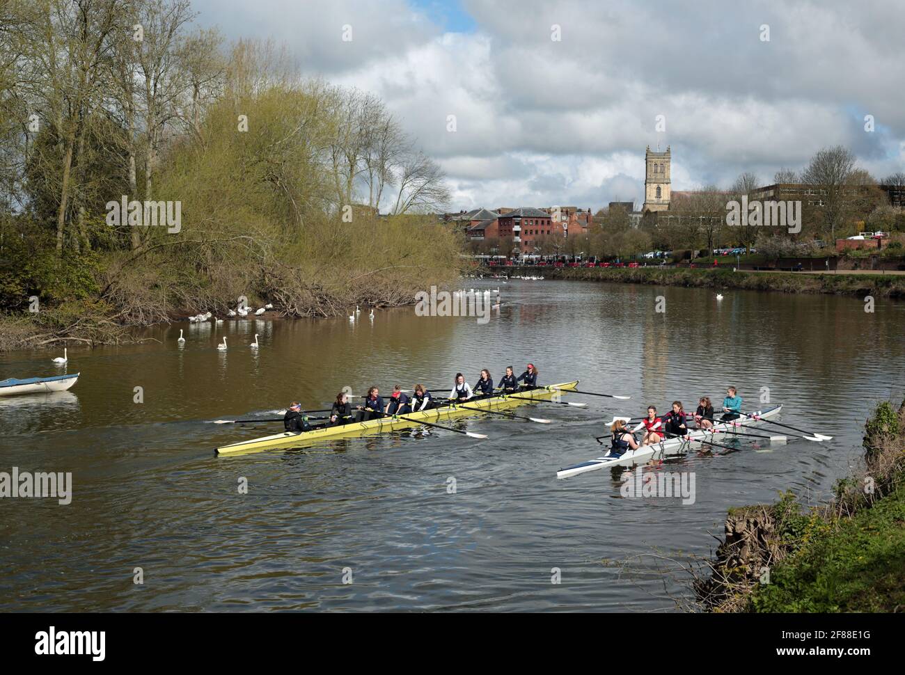 Students from King's school Worcester rowing on the river Severn in