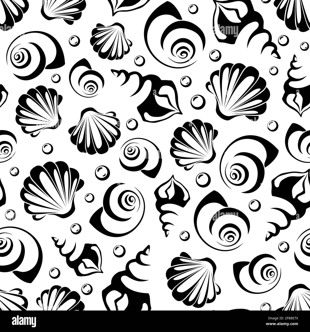 Vector seamless pattern with black sea shells silhouettes on a white ...