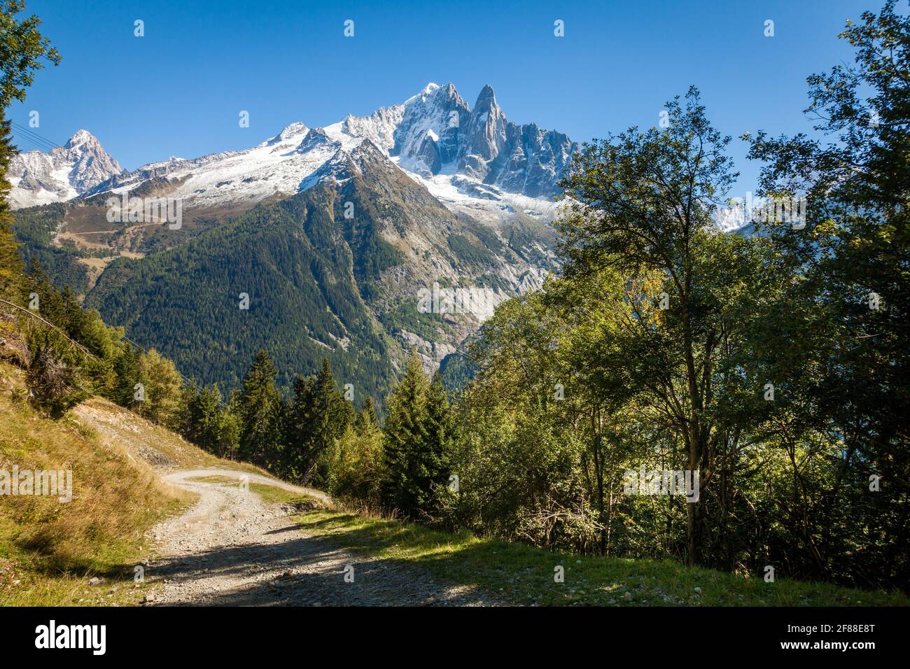 View of Aiguille du Dru (the Dru) from a hiking trail near Chamonix in French Alps Stock Photo
