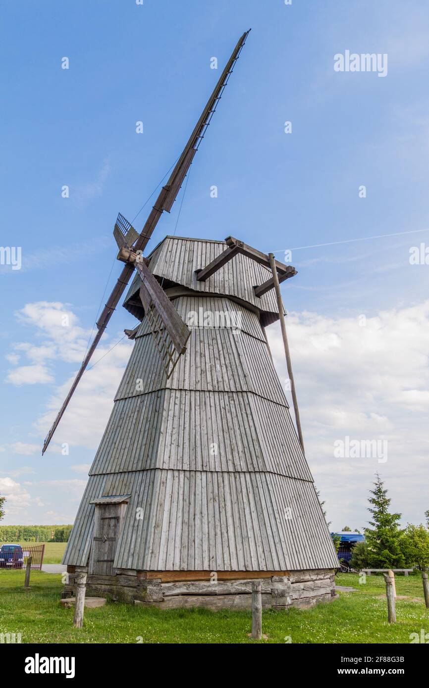 Wooden wind mill in Dudutki village, Belarus Stock Photo