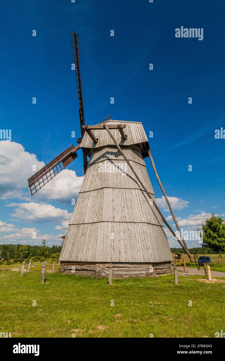 Wooden wind mill in Dudutki village, Belarus Stock Photo