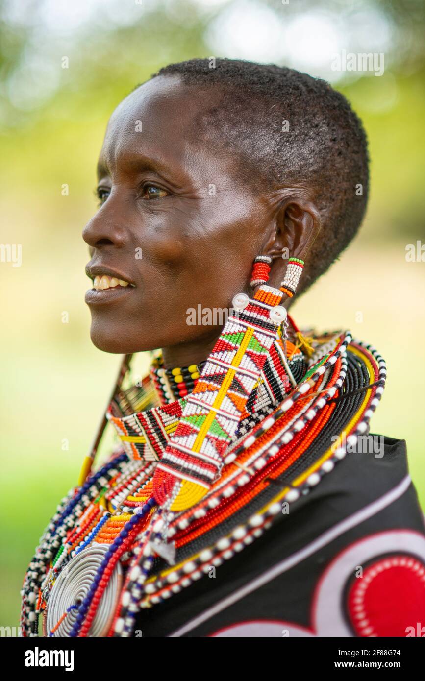 Maasai woman with intricate beaded earrings Stock Photo