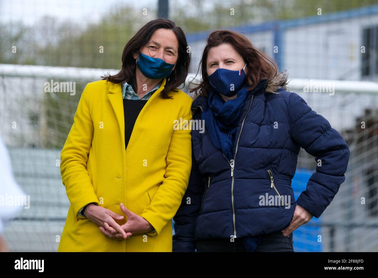 Toulouse, France. 12th Apr, 2021. Roxana Maracineanu (R), Sandrine MÖRCH  (L, LREM deputy). The Sports and National Education ministers visited  Toulouse on April 12, 2021. They went to the Stade Toulousain, around