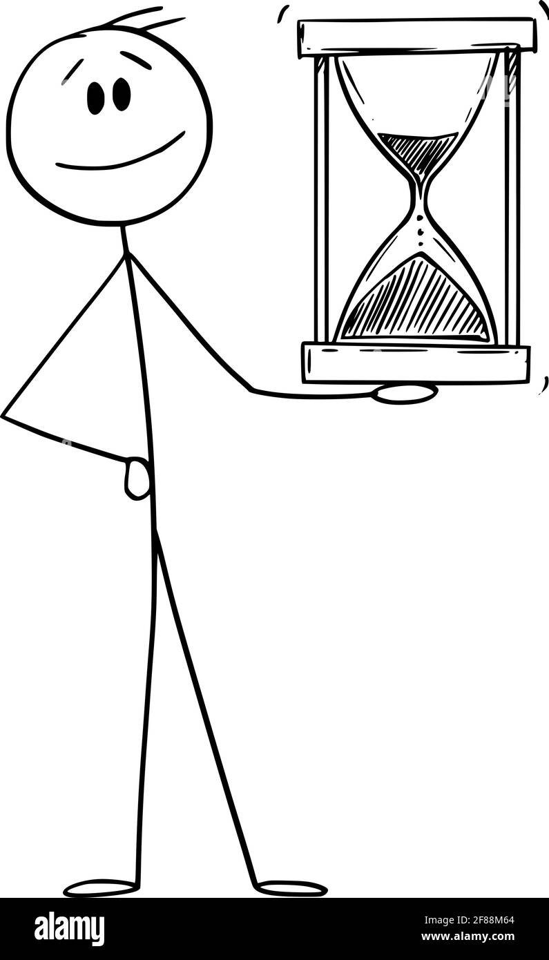 Smiling Man or Businessman Holding Hourglass or Sandglass, Vector Cartoon Stick Figure Illustration Stock Vector