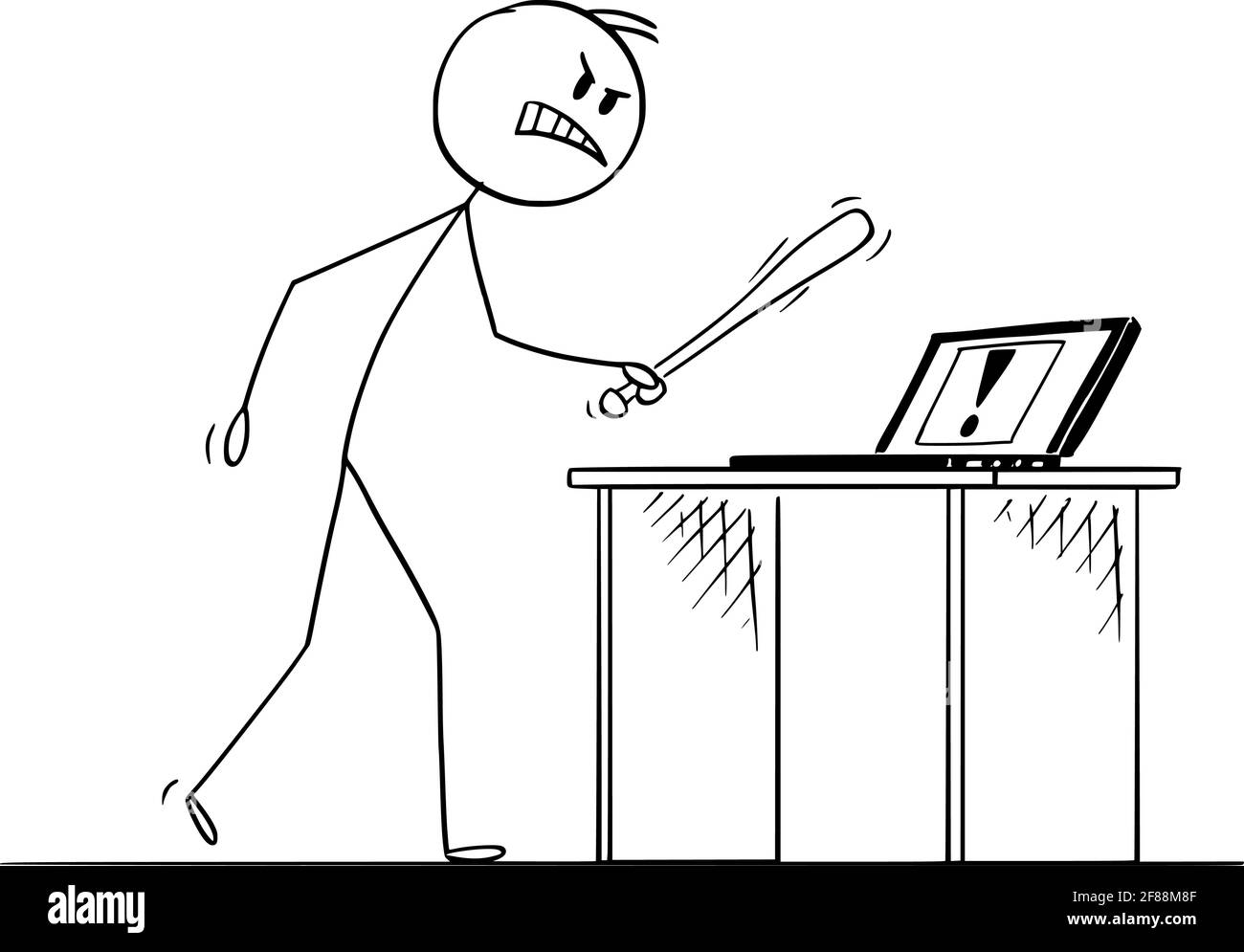 Computer Failure or Error and Angry User with Baseball Bat, Vector Cartoon Stick Figure Illustration Stock Vector